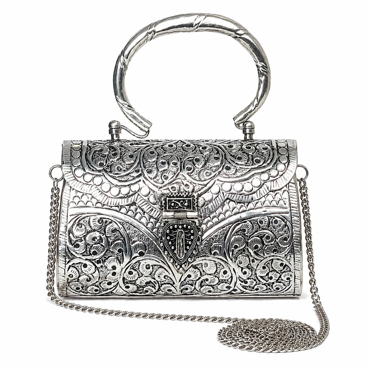 German Silver Bridal Purse for Women | Designer Metal Clutch Handbag with Handle & Chain | Black Velvet Inner Lining | Ethnic Wedding Party Clutch, Traditional Gift Item, Ladies Fancy Handbag-image-22