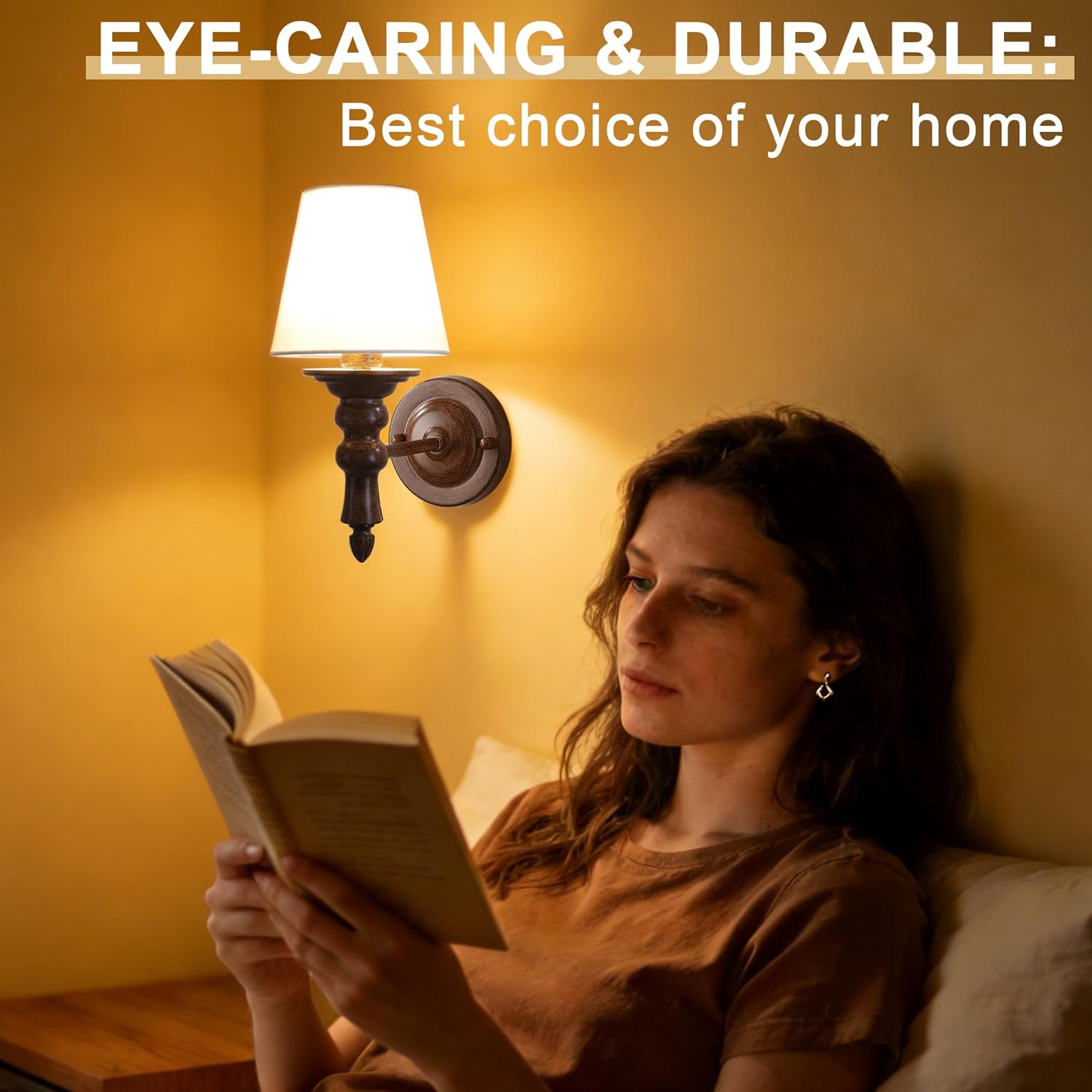 Wall Sconces Set of Two, Farmhouse Sconces Wall Decor with Wood Grain Finish and Fabric Shades, Bedside Wall Lamps for Bedroom Living Room Hallway Front Porch Decor