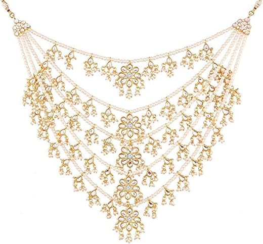 I Jewels Designer Multi Stand Pearl &amp; Kundan Maharaja Haar Groom Necklace Set for Men (MLP27W)