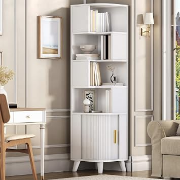 RALGEND 5-Tier Corner Bookshelf, Tall Corner Bookcase with Fluted Door