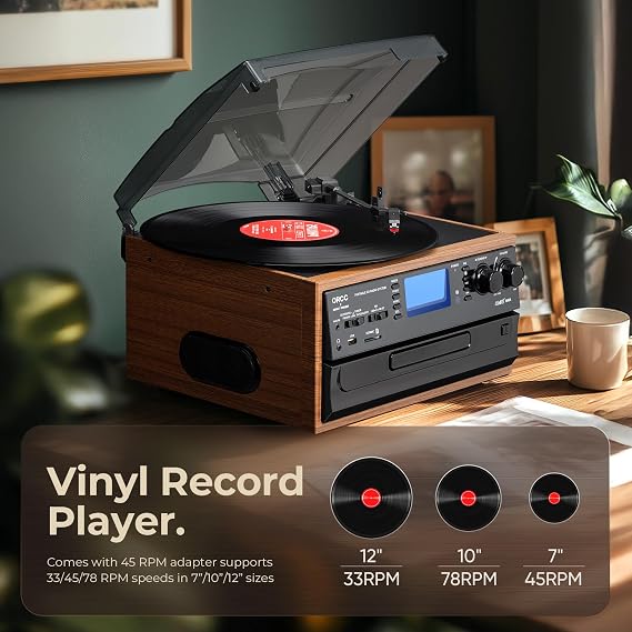 ORCC 10-in-1 Vinyl Turntable Record Player with Bluetooth, Turntable with Built-in Speaker CD Cassette and FM/AM Radio Combo, AUX in RCA Out USB MP3 Recording Headphone Jack, Copmact & Portable