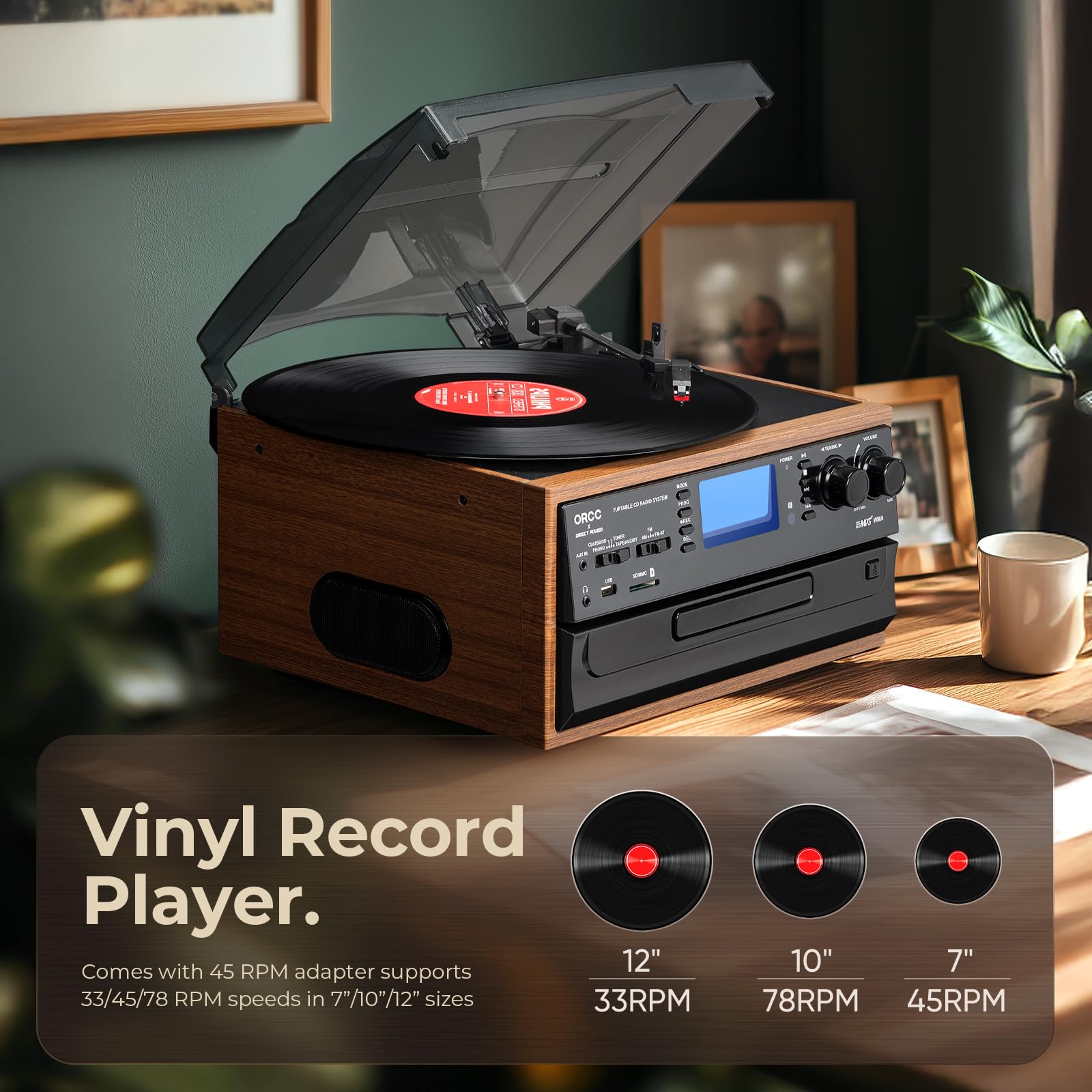 ORCC Giradischi 10 in 1, con carta regalo, giradischi in vinile per 33/45/78 giri/min, riproduzione e registrazione CD/USB/SD, Bluetooth e telecomando, radio FM/AM per gli amanti della musica, marrone