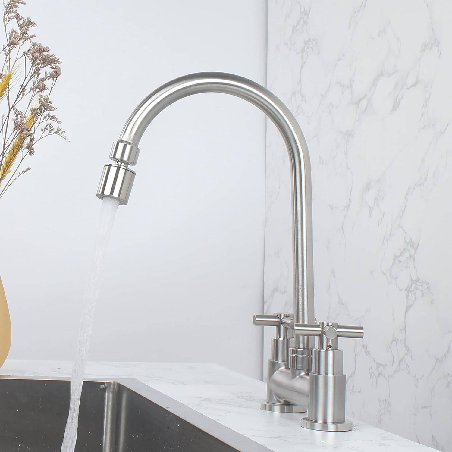 Bar Pre Faucet 2 Hole 4 inch Deck Mount Commercial Kitchen Faucet 2 Handle Stainless Steel Brushed Nickel Utility Laundry Sink Faucet with Aerator SSKF10-1Z