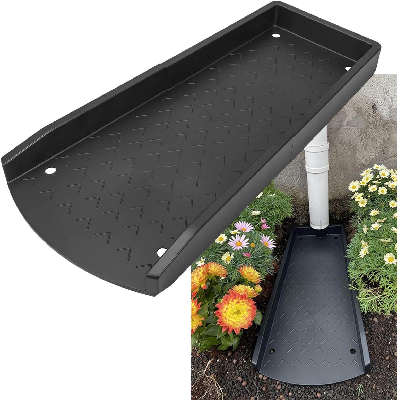 2 Pack Gutter Downspout Extension: Downspout Splash Block, Down Spout Diverter Drain Extender, Combined Rain Gutter Deflectors, Gutter Guard Decorative, Steel and Plastic Stakes Included, Black