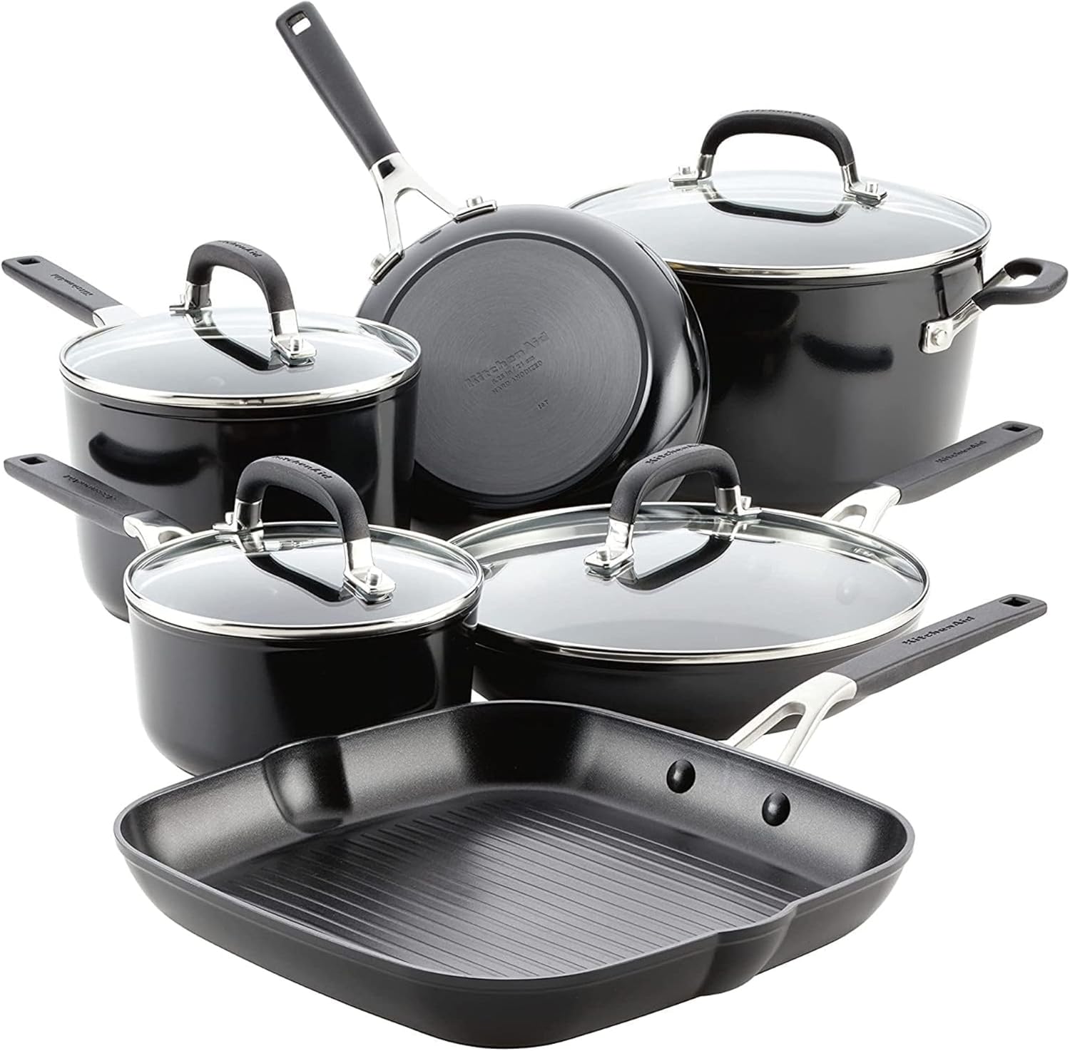 KitchenAid 84800 Hard Anodized Nonstick Cookware Pots and Pans Set, 10 Piece - Onyx Black