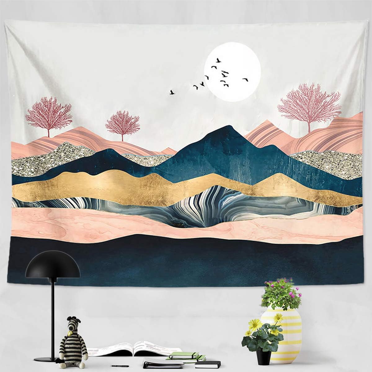 Mountain Sunset Tapestry, Nature Forest Tree Landscape Tapestries, Wall Hanging for Bedroom Living Room Dorm(Mountain Sunset-70.9" X 90.6")