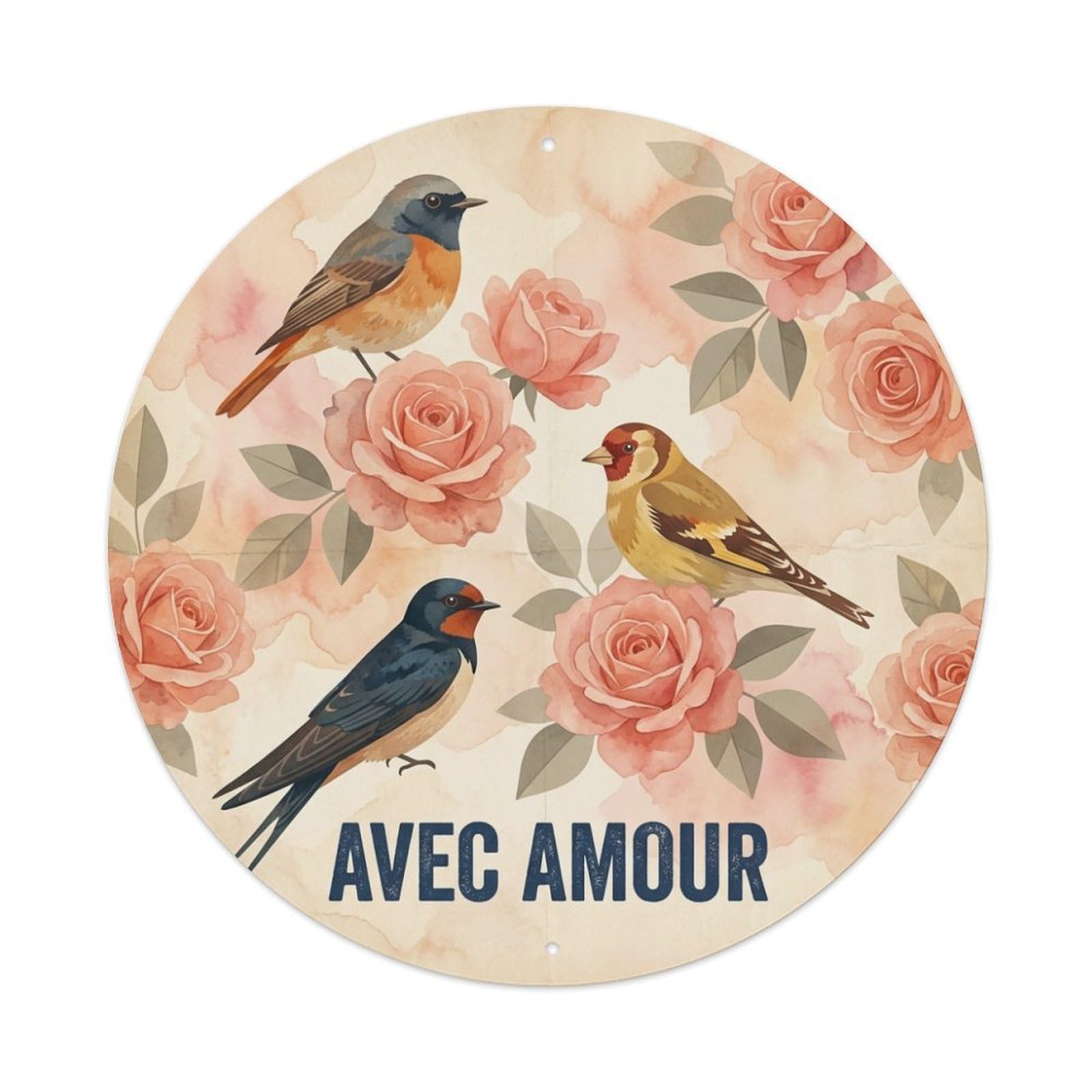 China Rose Soft Watercolor Bird Slogan Avec Amour Metal Tin Sign