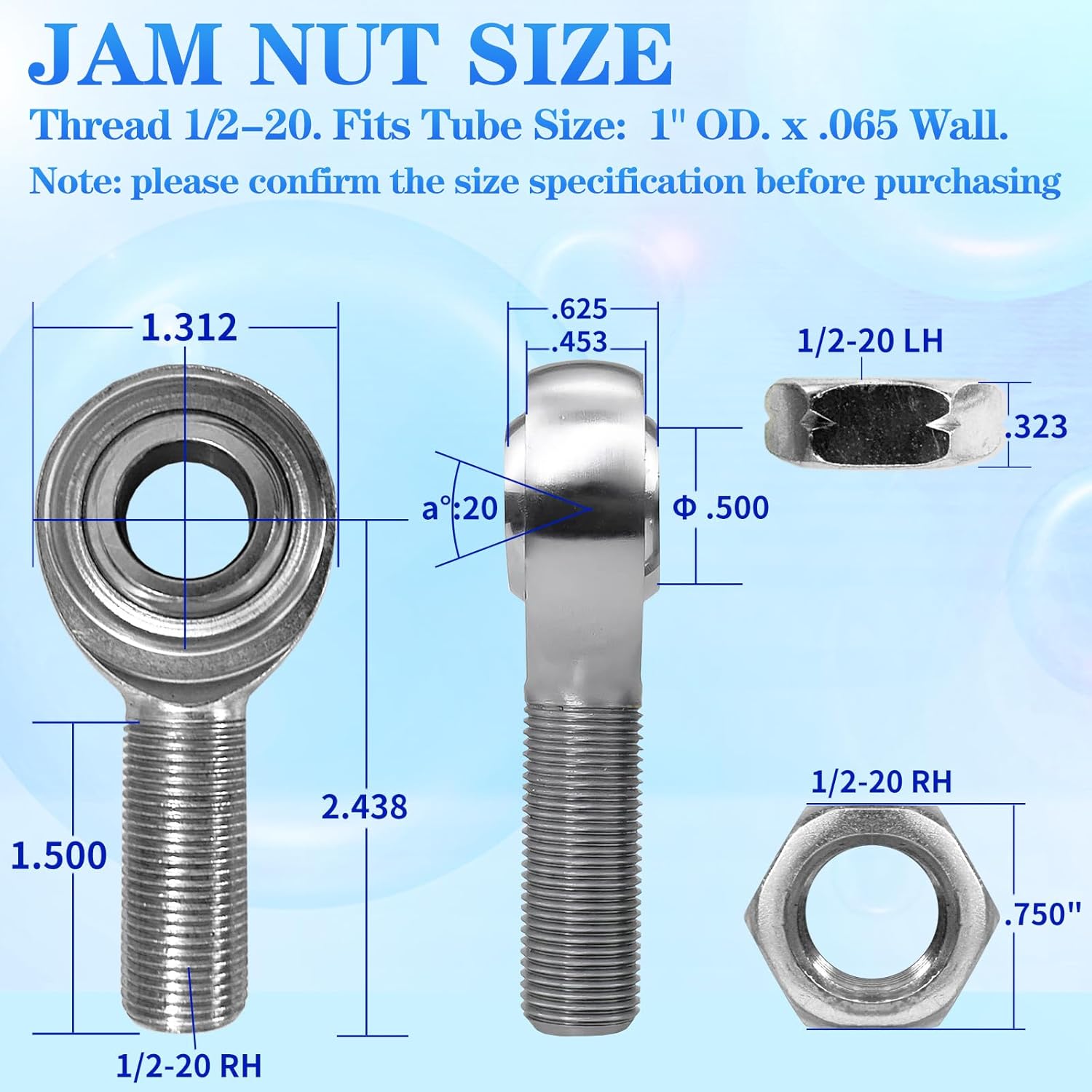 1/2 x 1/2-20 Heim Joints Rod End Kit .065 Bungs with Jam Nuts,RH & LH Hand Thread Chromoly Panhard Bar for Steering and Suspension,Traction Bars and Steering,Links Joints-2Set