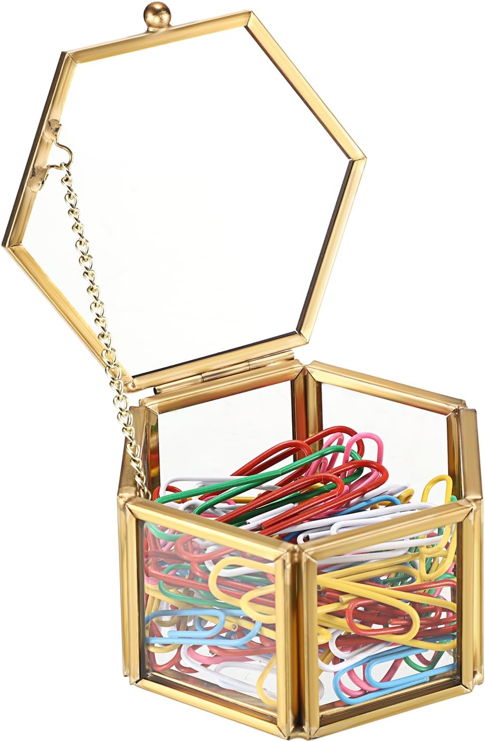 BTSKY Golden Glass Paper Clip Holder, Compact Hexagon Binder Holder for Desk, Clear Elegant Paper Clip Dispenser, Decorative Mini Storage Box Small Office Supply Accessory Organizer