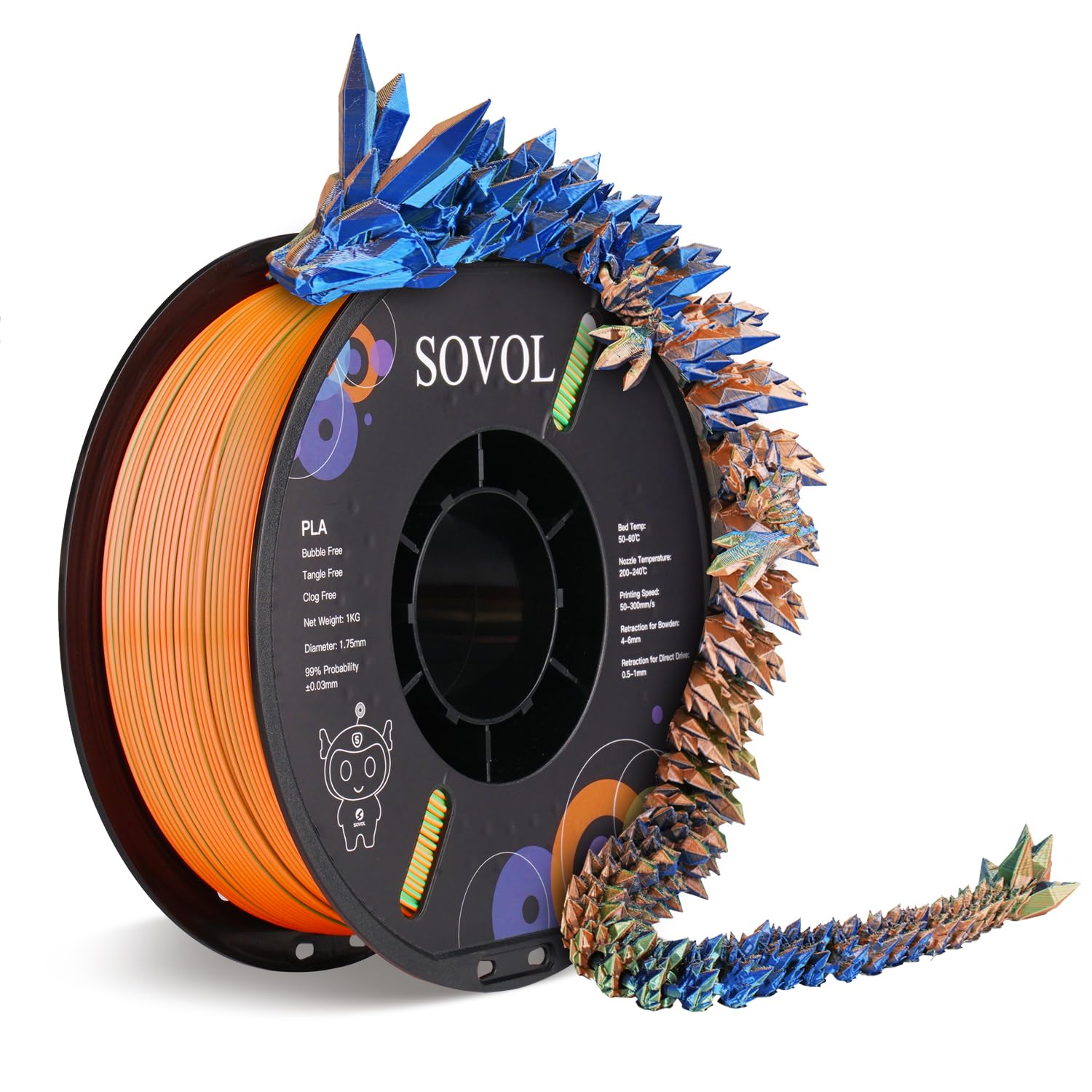 Sovol Tricolor Silk PLA Filament 1.75mm 1kg, 3D Printer Filament, +/-0.03mm, Silk PLA Multicolor Blue/Green/Orange