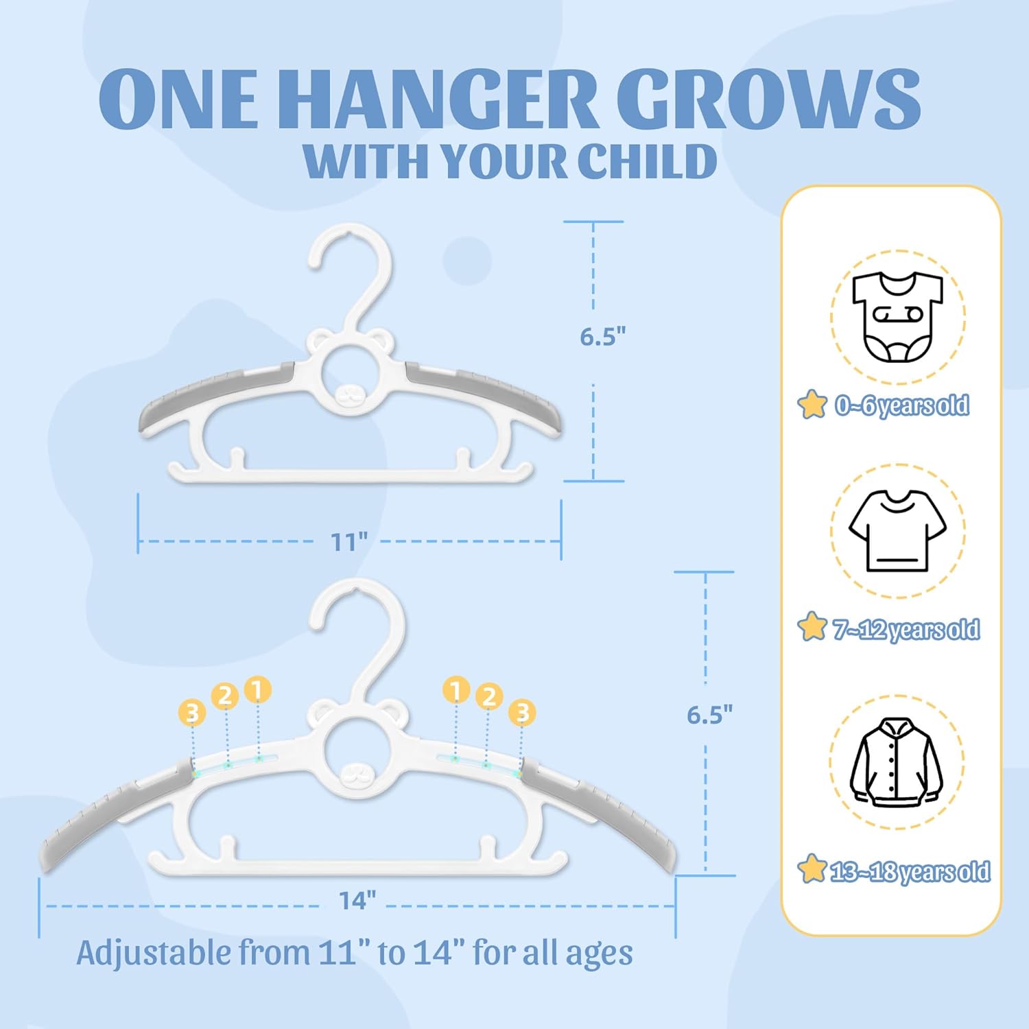 SIshynio 30 Pack Baby Hangers for Closet, Adjustable Space Saving Kids Clothes Hangers 11"-14.5", Non-Slip Stackable Plastic Hanger for Toddler Infant Nursery Child Clothing(Grey