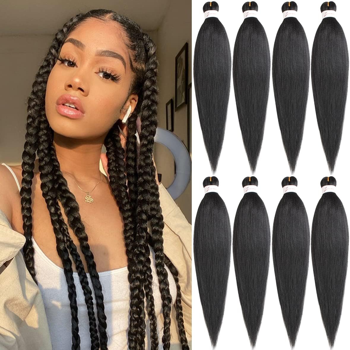 8 Packs Pre Stretched Braiding Hair Extension Yaki Texture Hot Water Setting EZ Braids Kanekalon Hair for Coi Leray Braids Black Braiding Crochet Hair Extensions /20 Inch 1B#