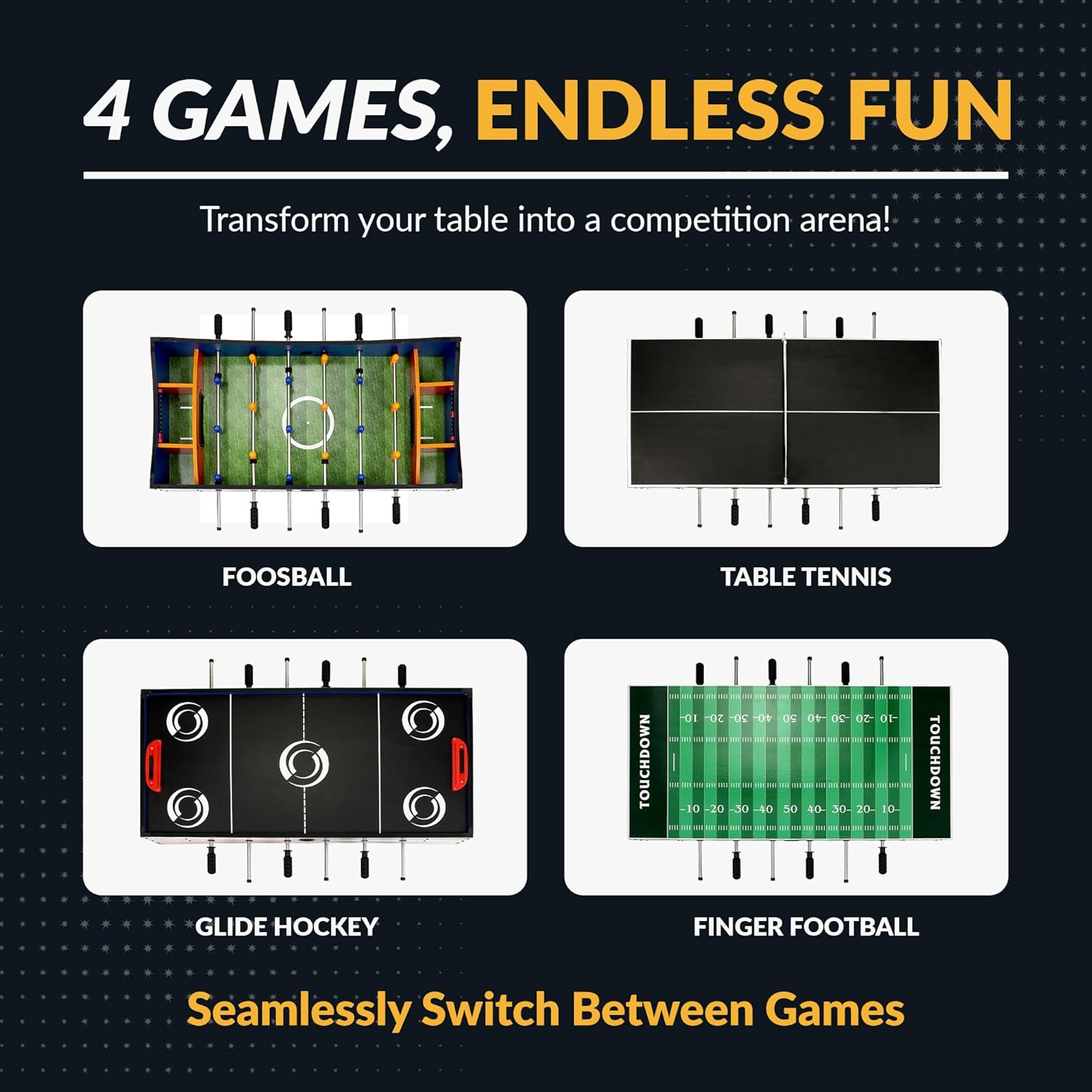 Hathaway Revolver 4 in 1 Multi Game Tabletop - 40-in Tabletop Games Set with Ping Pong, Glide Hockey, Finger Football, and Foosball Table for Family - Multi Game Table with Full Accessories