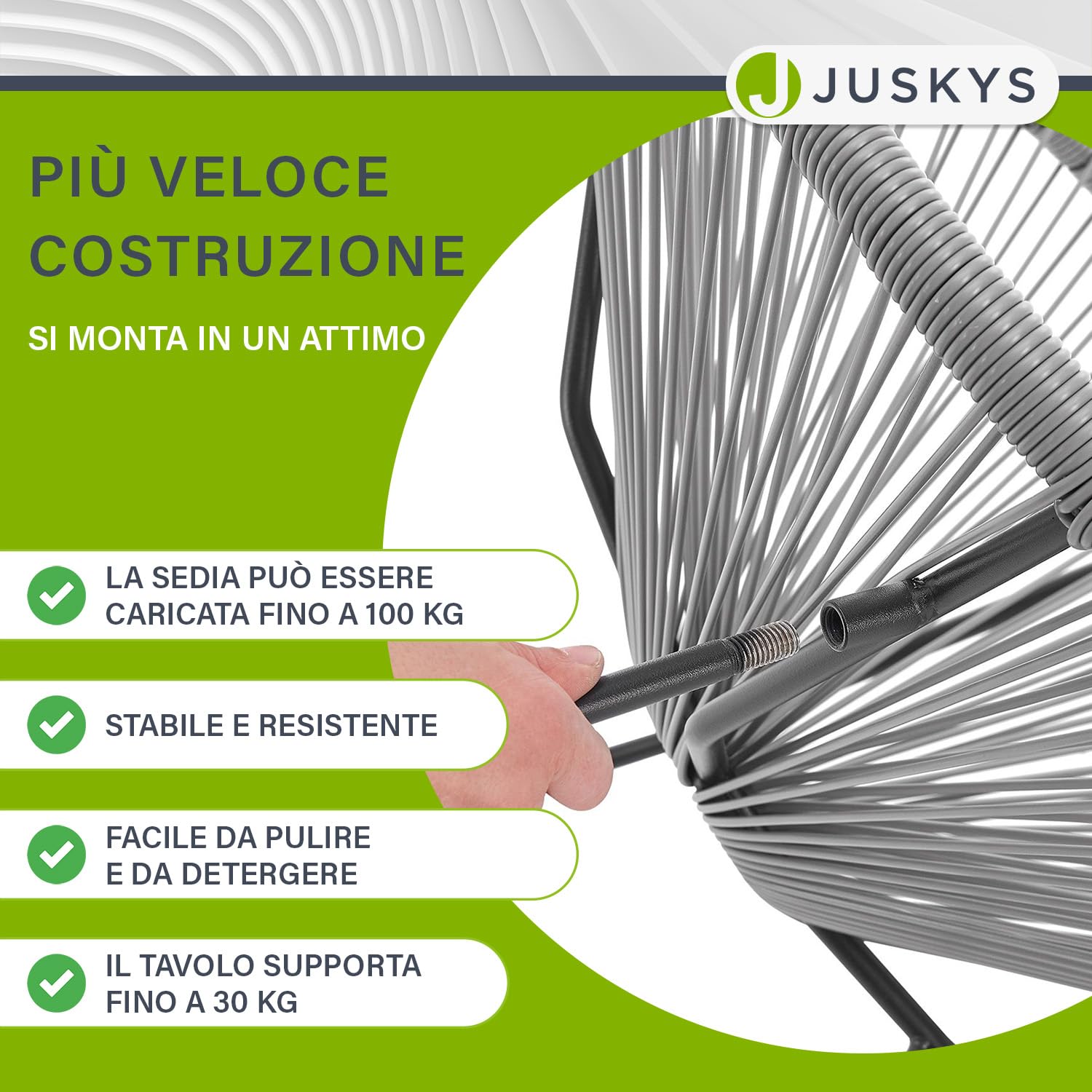 Juskys Set di mobili da balcone Ostana 3 pezzi - Tavolo e 2 poltrone - Elegante gruppo di seduta per balcone, terrazza e giardino - Set di mobili da giardino per balcone Grigio chiaro