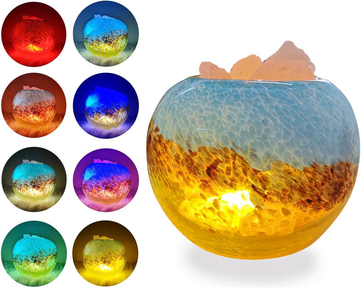 ESOW Himalayan Salt Lamp with Colored Drawing Glass Container, 3Watts LED Bulb + 55inches USB Cable, Multi Color Changing Mode & Warm Light Staying Mode, Handcraft Natural Salt Lamp for Best Gift