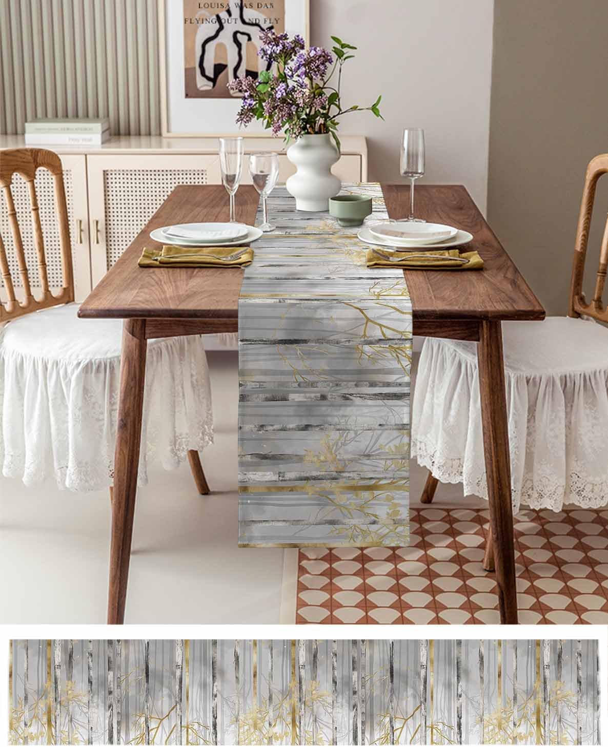 White Birch Table Runner 72 Inches Long for Dining Table, Cotton Linen Farmhouse Washable Coffee Table Runners Dresser Scarf for Kitchen Party Holiday Abstract Tree Forest Painting 13x72in