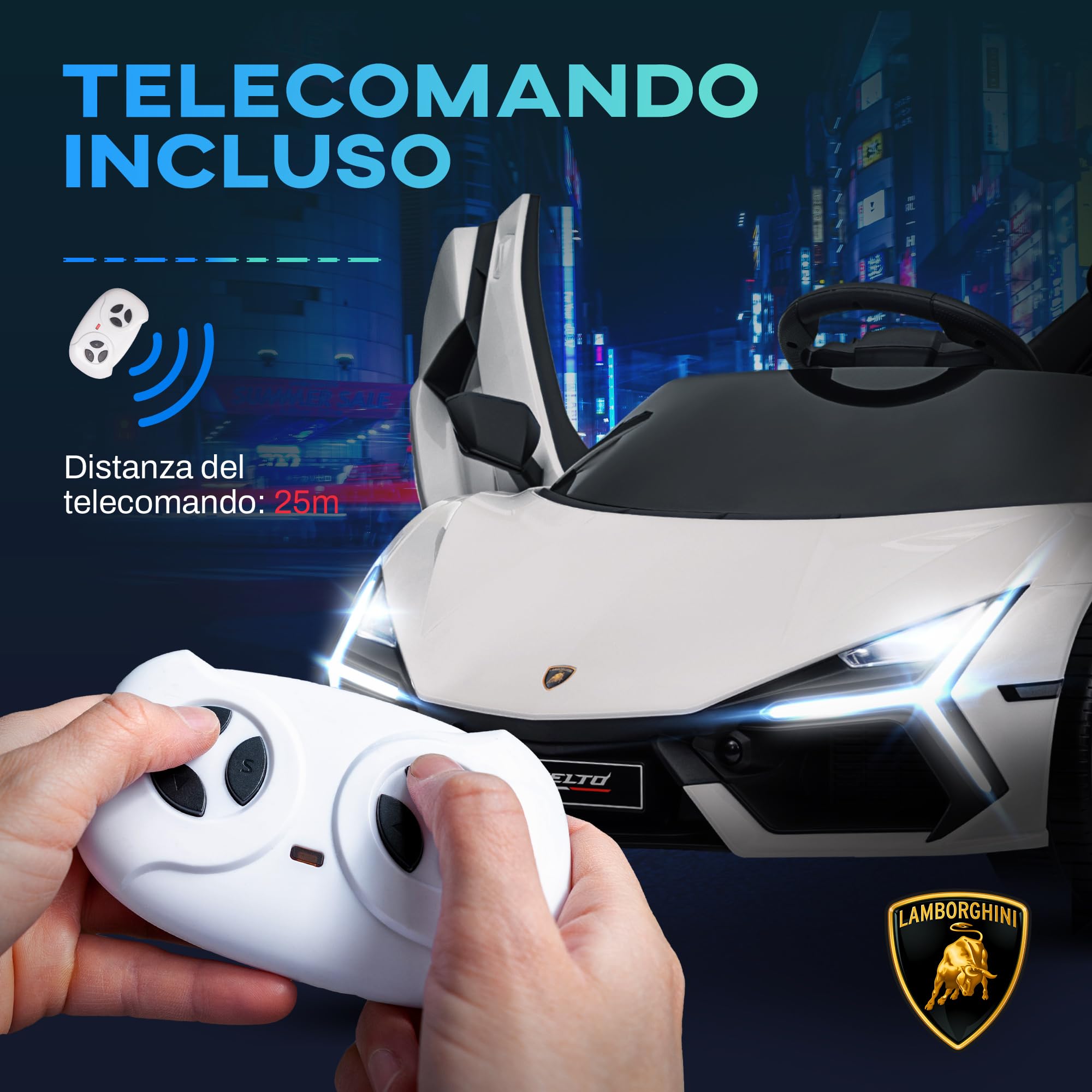 AIYAPLAY Macchina Elettrica per Bambini 12V Lamborghini Revuelto, Bianco | 3-5Anni, 3-5km/h, Auto Elettrica per Bambini, Porte a Farfalla, 2 Motori, Sospensioni, Telecomando, Musica, Rotelle, Fari