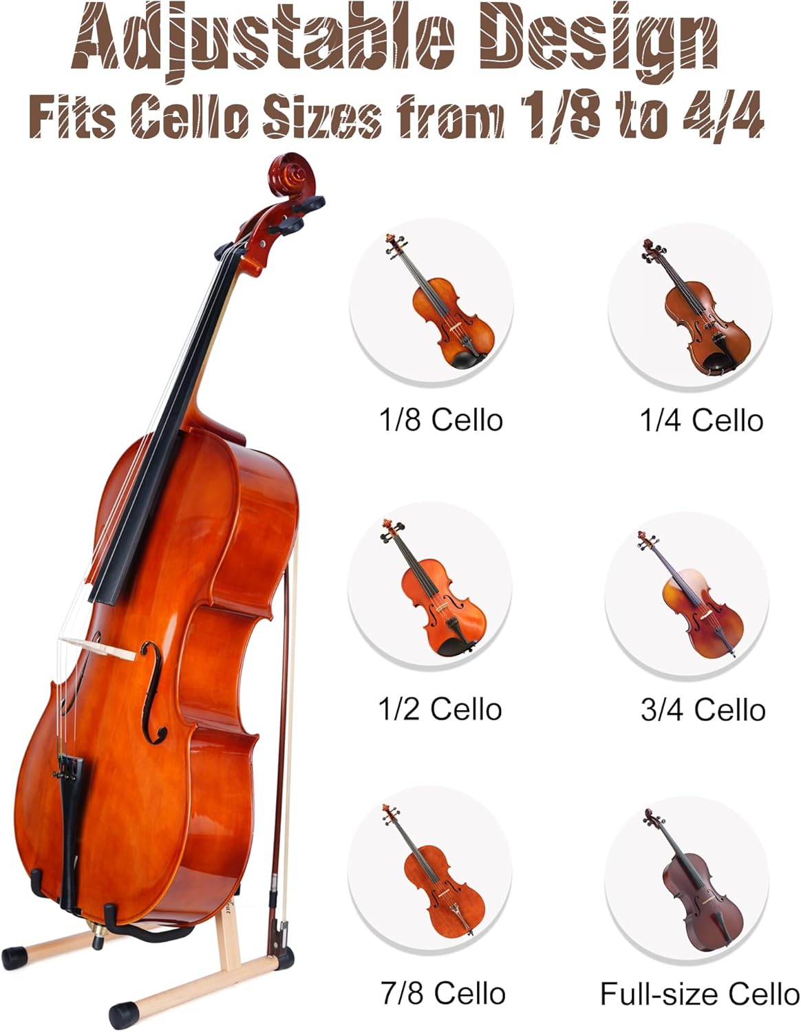 Cello Stand with Bow Holder, Beech Wooden A-Shape Floor Stand with Padded Foam, Handcrafted Cello Rack Fits 1/2, 3/4, 7/8, 4/4 Full-Size and Guitar, Instrument Holder for Home and Studio Display