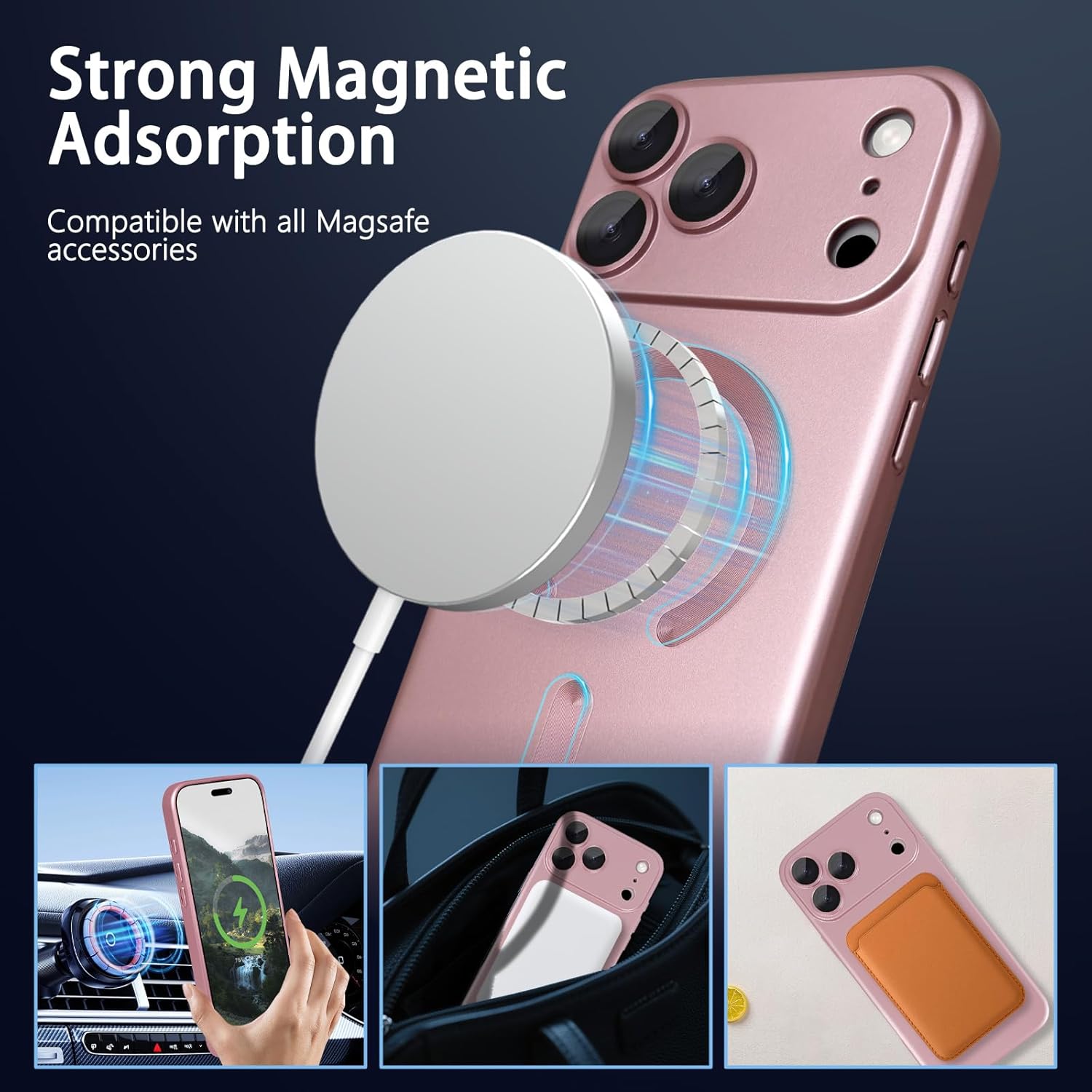 Magnetic for iPhone 17 Pro Max Case, with Camera Lens Protector, Compatible with Magnetic, Slim Shockproof Bumper Soft Silicone Metallic Luster Phone Case for iPhone 17 Pro Max, Pink - Image 2