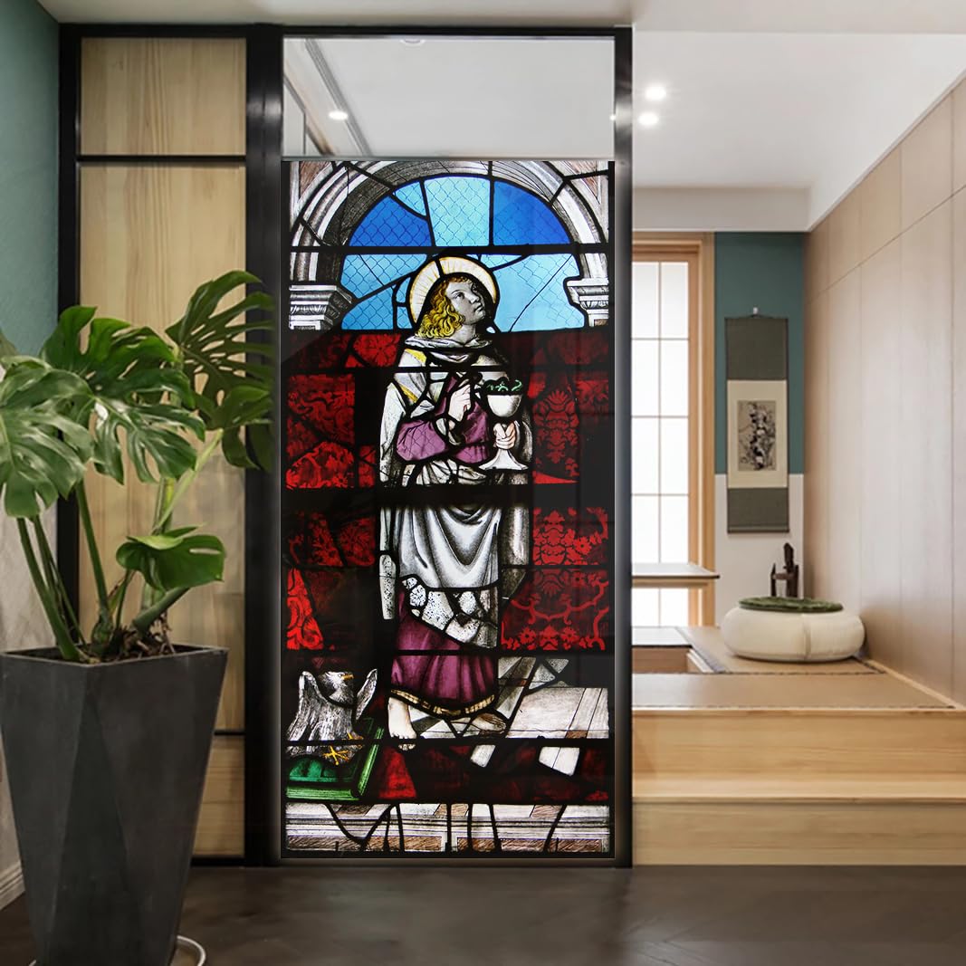 Church Style Stained Glass Window Film Decorative Privacy Non Adhesive Window Stickers for Home Office J23 90x200cm(35.4