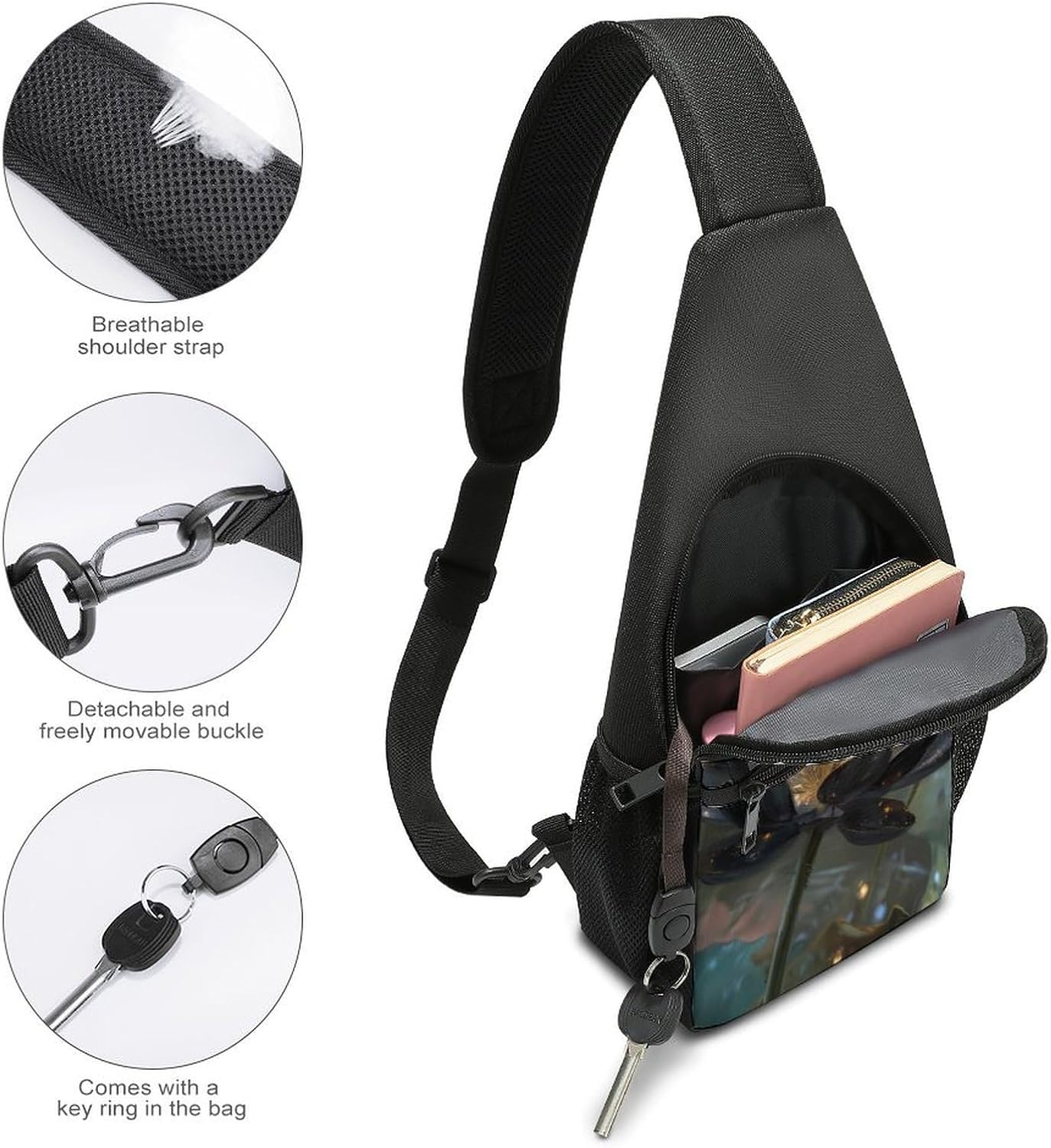 Black Lotuss Flower Crossbody Sling Backpack Chest Bag Daypack | unisex,trendy,with convertible and detachable shoulder strap,side pockets
