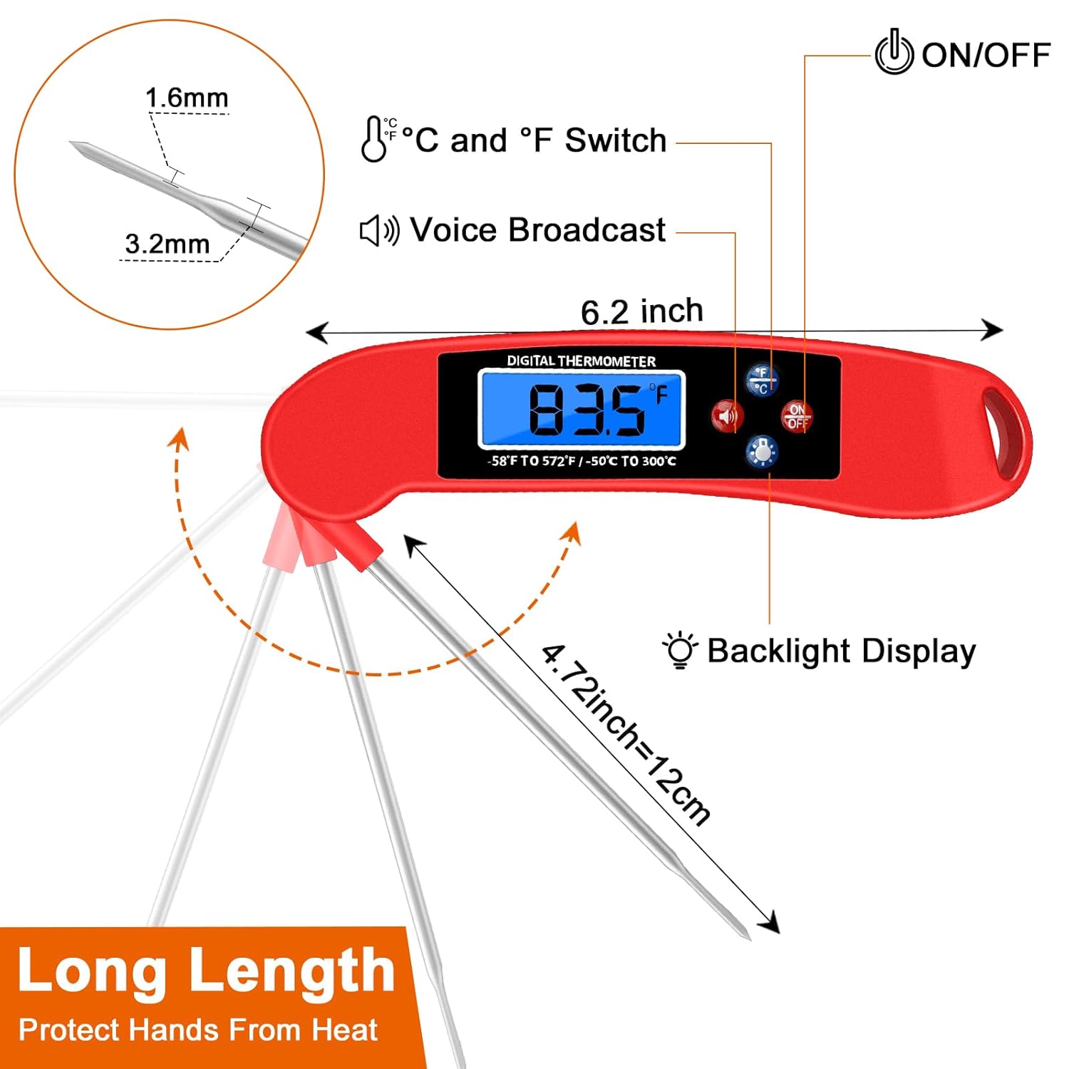 2 pcs Red Digital Talking Thermometer for The Blind, Waterproof Instant Read Food Thermometer, Probe for Cooking and Grilling