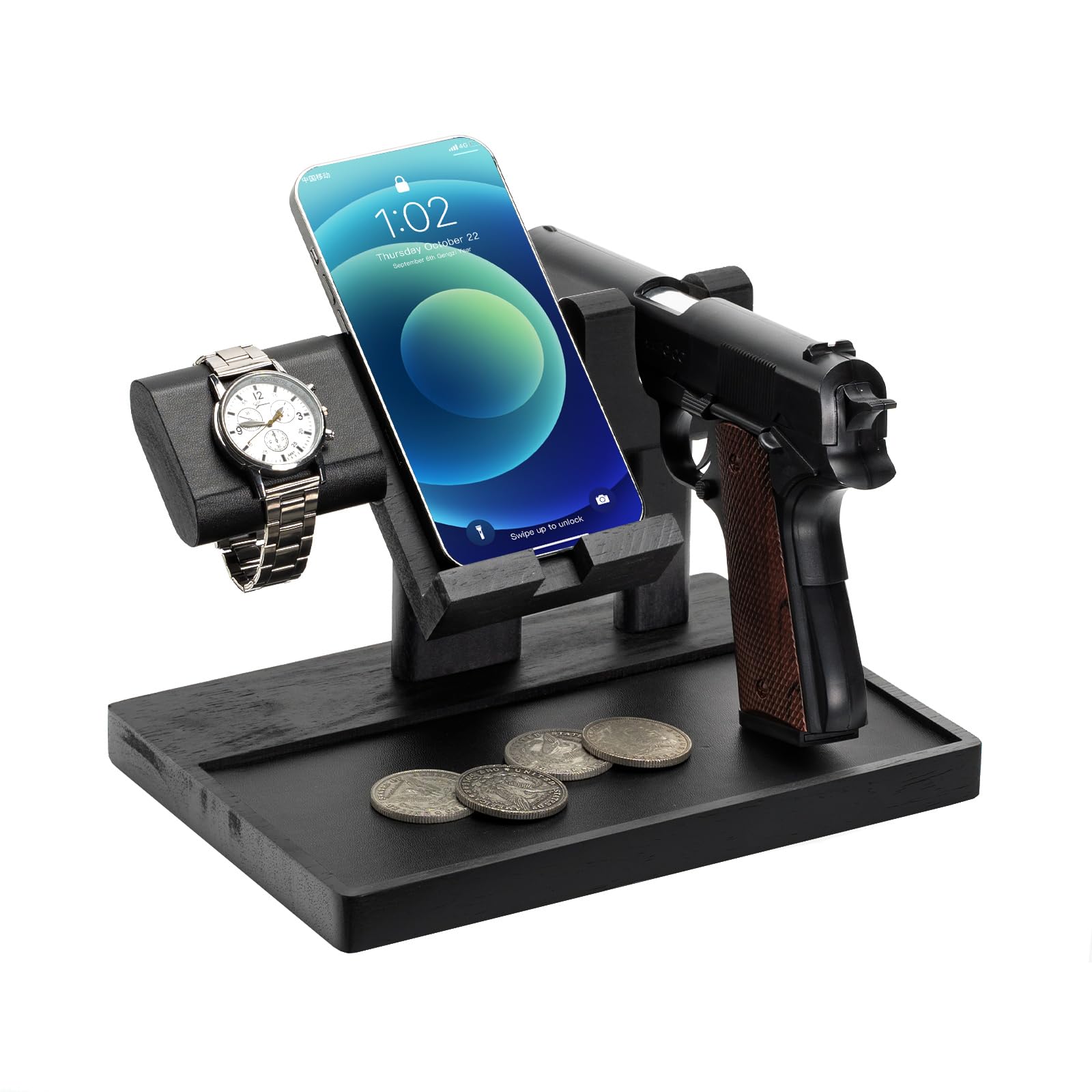 DGWJSU Pistol Rack for Gun Safe, Wood Handgun Rack Holder for Gun, Phone Docking Station as Nightstand Organizer as Gifts for Men Boyfriend Husband Father in Anniversary Birthday Christmas