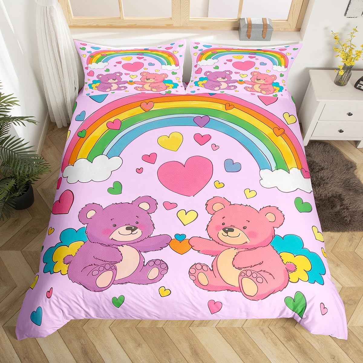 Homewish Cute Bear Duvet Cover Set Toddler Size,Kawaii Animal Flowers Love Heart Shape Quilt Cover for Kids Boys Girls Colorful Rainbow Purple Bedding Set with 1 Pillowcase,No Comforter