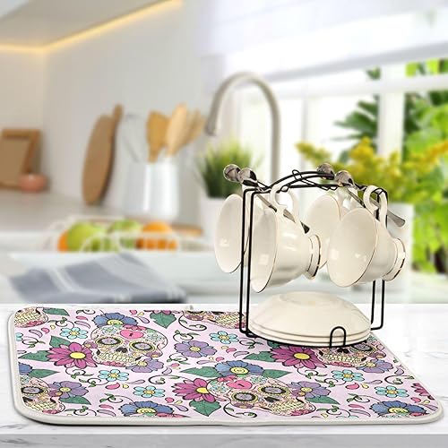 Miniatura 5 de Festive Sugar Skulls Drying Dish Mat Washnable Absorbent Kitchen Countertop Decor Drying Mats For Countertop Tapete Para Cocina 16'' x 18''