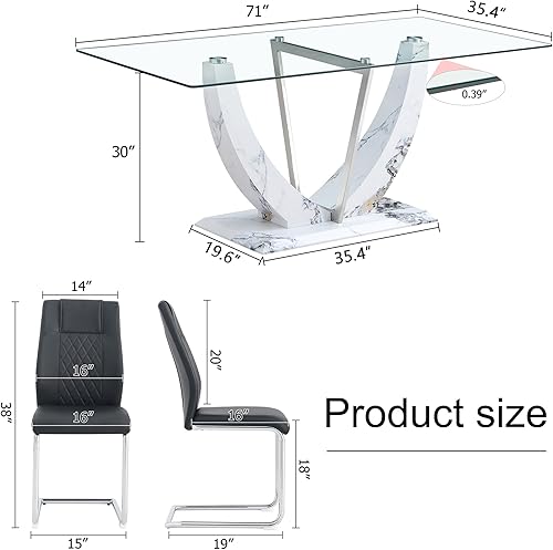Miniatura 2 de JUFU Juego de mesa de comedor de cristal de 71 pulgadas para 6, juego de mesa de comedor moderno con base de textura de mármol sintético blanco,