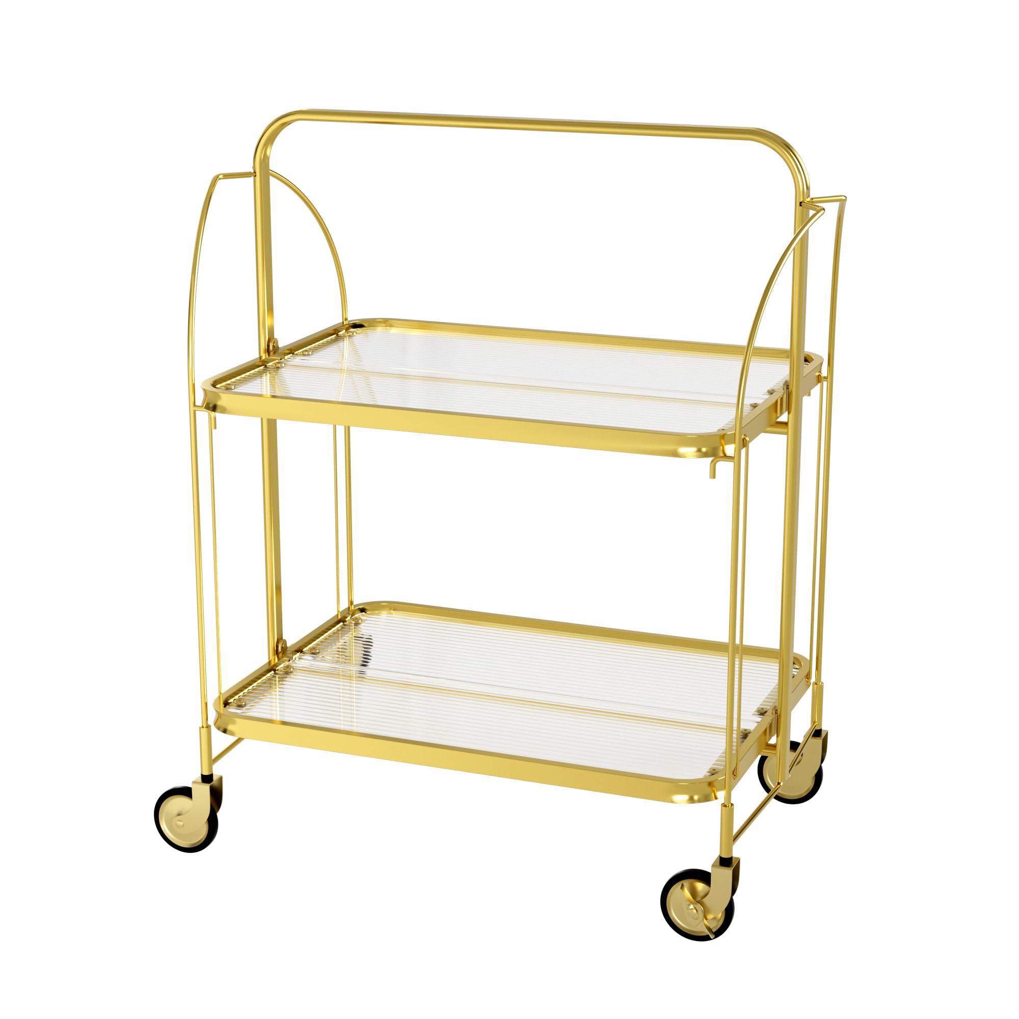 GLIESE Gold Faltbarer Servierwagen mit Rollen, 2-stöckiges klares gehärtetes Glas, mobiler Aufbewahrungswagen für Küche, Bar, Tee, Wein, platzsparend
