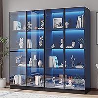 ZORPLIX Glass Display Cabinet with LED Lights, Set of 2 - 4-Tier Curio Case, Handleless Glass Doors for Collectibles, Living Room Storage