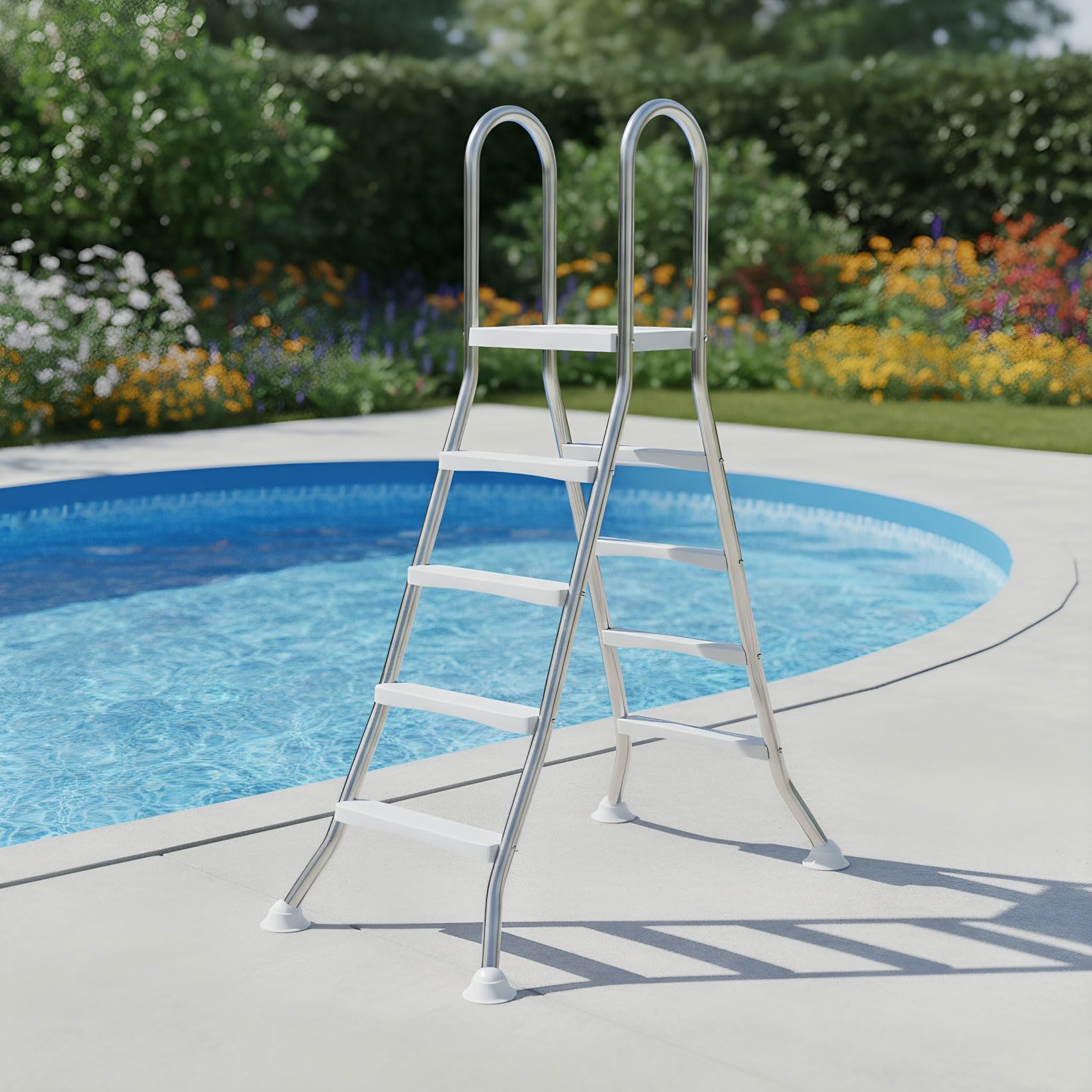 Escalera de piscina sobre el suelo, escalera de seguridad de acero inoxidable 304, escalones antideslizantes, carga máxima de 500 libras
