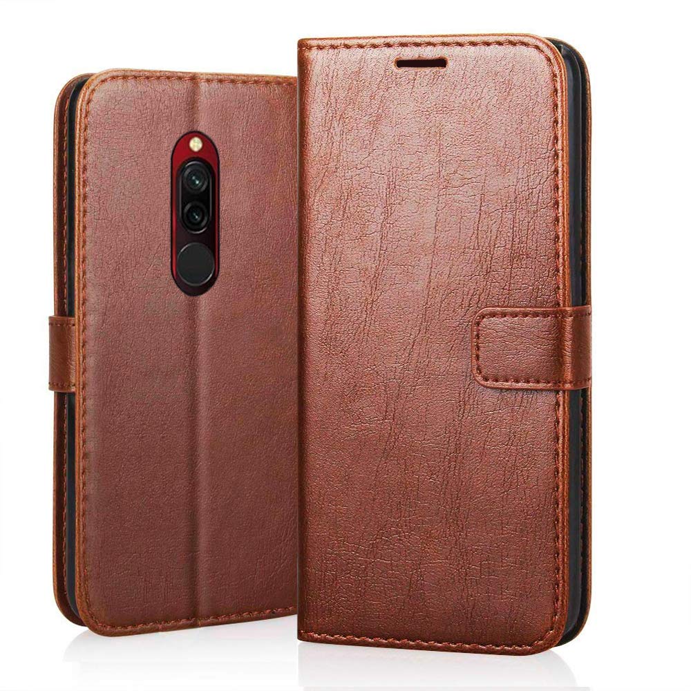kitgohut pu Leather Flip Cover Wallet case with TPU Shockproof Cover for xiaomi redmi 8 (Classic Brown, mi 8)