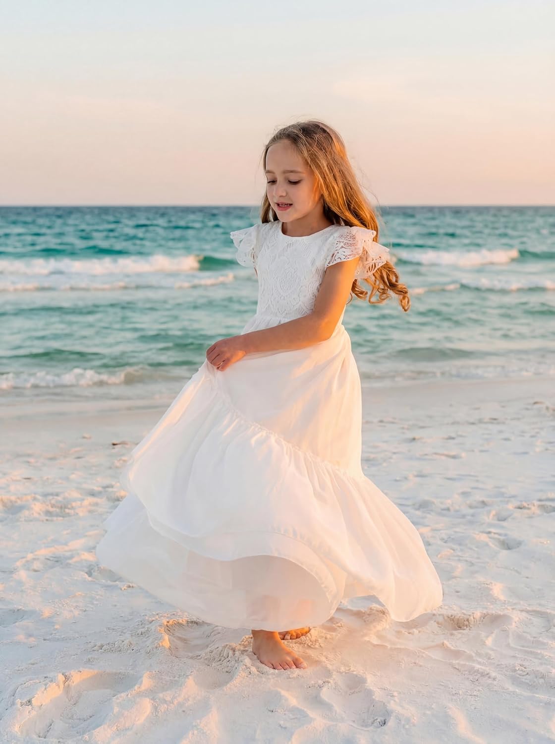 Flower Girl Dress Lace Ruffle Chiffon A-Line Flutter Sleeves Dress for Wedding Party Birthday First Communion Gown