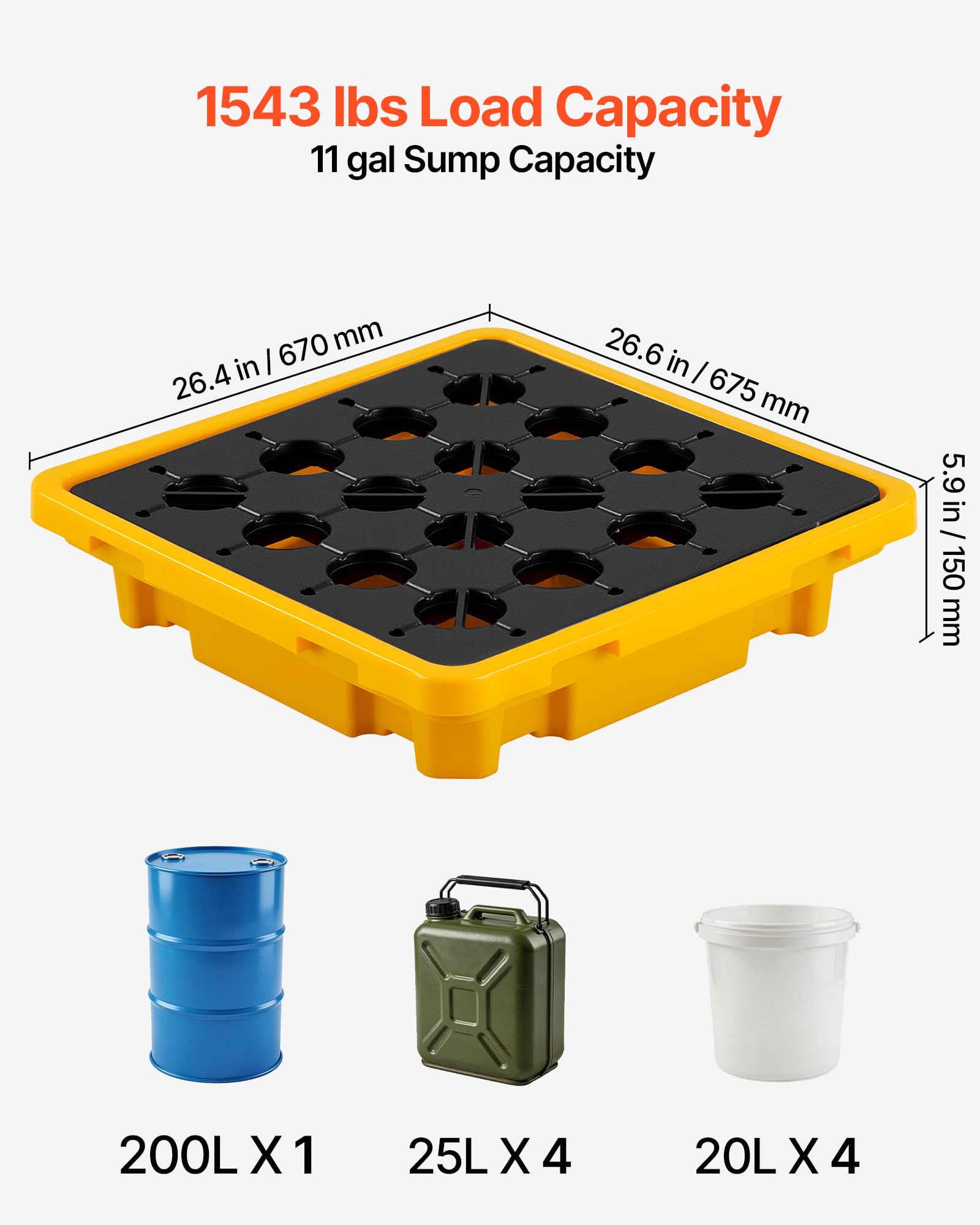 VEVOR Palette de Rétention pour 1 Fût, Bac de Rétention avec Caillebotis et Drain, Plateforme de Déversement en PEHD à Profil Bas, Capacité 43,2 L, Charge Maximale 700 kg, 670x675x150 mm, Jaune