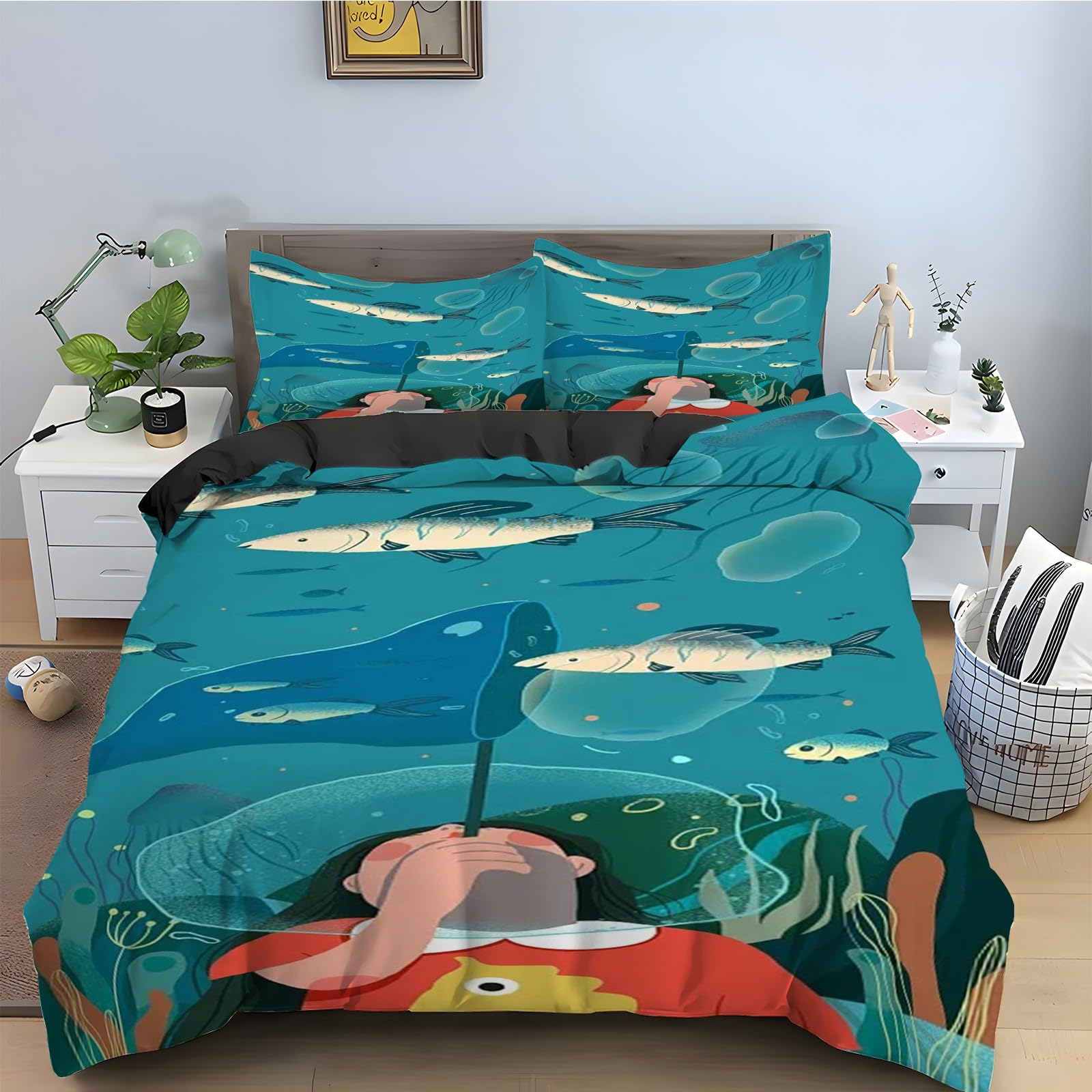 Parure de lit 90x190 poisson avec housse de couette et taies d'oreiller