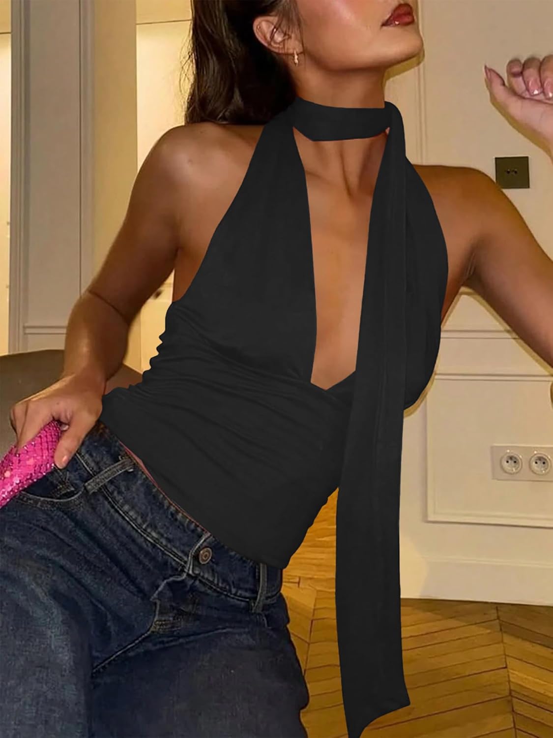 Womens Sexy Scarf Halter Tops Going Out Deep V Neck Sleeveless Backless Crop Top Slim Fit Y2k Summer Clubwear Party Top - Image 2