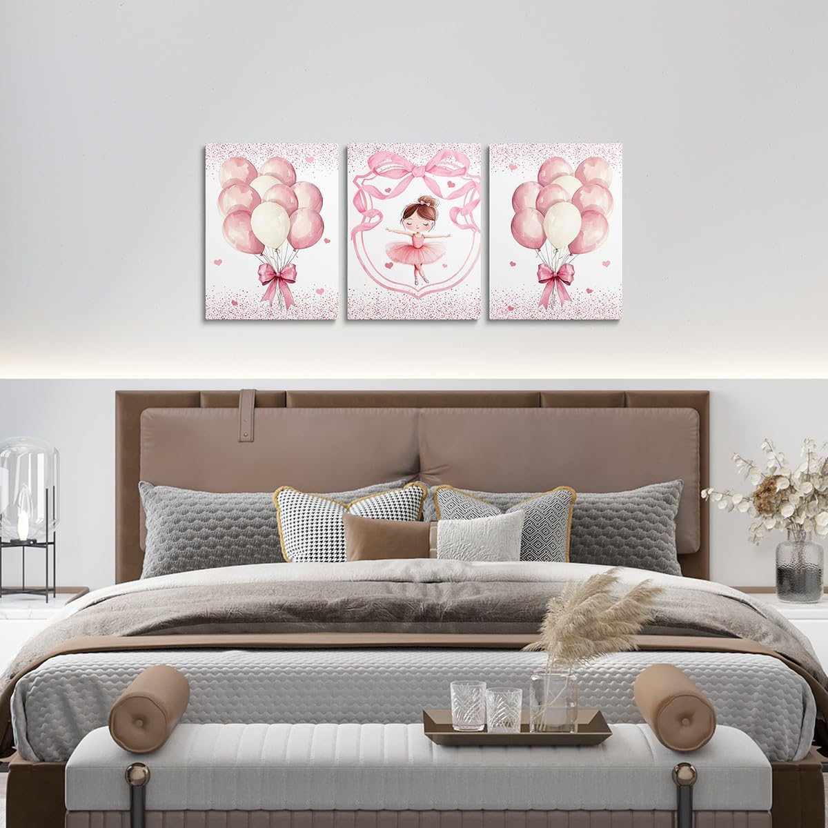 Erosebridal Pink Ballerina Ballet Canvas Wall Art Set of 3,Cute Pink Bow Pictures Wall Decor for Girls Kids Women Bedroom Living Room,Coquette Princess Bowknot Poster Prints for Birthday Party Decor
