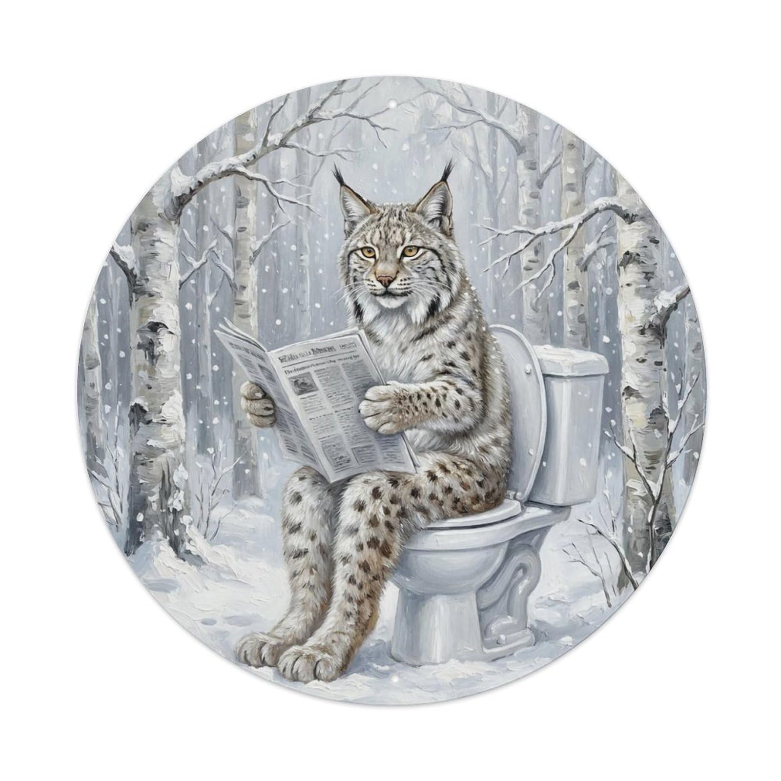 Lynx On Toilet Humorous Bathroom Snowy Birch Woods Metal Tin Sign