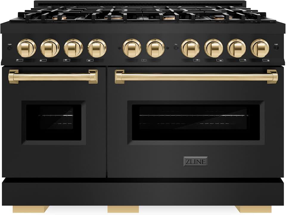 ZLINE Autograph Edition 48 in. 6.7 cu. ft. Classic Double Oven Gas Range with 8 Burner Cooktop in Black Stainless Steel and Polished Gold Accents (CGRBZ-48-G)