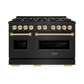 ZLINE Autograph Edition 48 in. 6.7 cu. ft. Classic Double Oven Gas Range with 8 Burner Cooktop in Black Stainless Steel and Polished Gold Accents CGRBZ-48-G