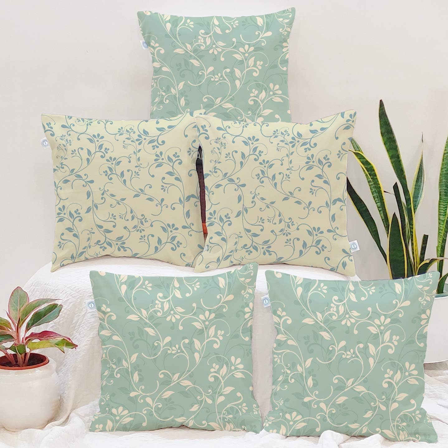 Set of 5 Polycotton Cushion Covers – 18x18 Inches – Dual Tone Vine Print in Sage Green & Beige – Subtle Floral Cushion Covers for Sofa & Home Decor