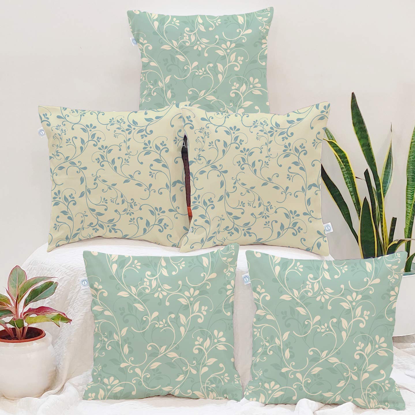 STITCHNEST Set of 5 Polycotton Cushion Covers – 18x18 Inches – Dual Tone Vine Print in Sage Green & Beige – Subtle Floral Cushion Covers for Sofa & Home Decor
