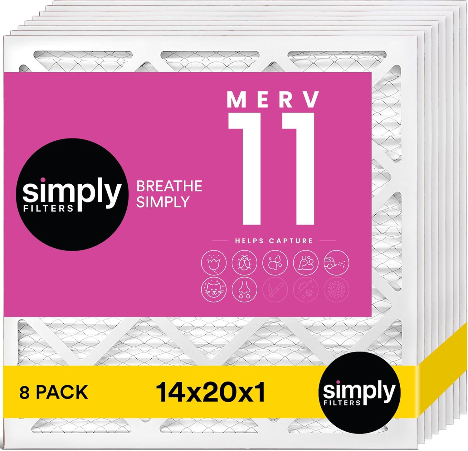 Simply 14x20x1 Air Filter, MERV 11, 8 Pack, For Home AC Furnace & HVAC (Actual Size: 13.75"x19.75"x0.75") DUST, Pet, & Allergy Control