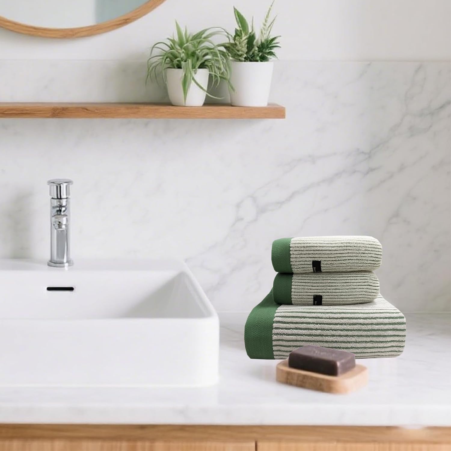 USTIDE 3-Piece Ribbed Striped Cotton Towel Set - Super Soft, Quick-Dry, Highly Absorbent 1Bath & 2 Hand Towels for Bathroom, Spa, Beach, and Home Decor (Green)