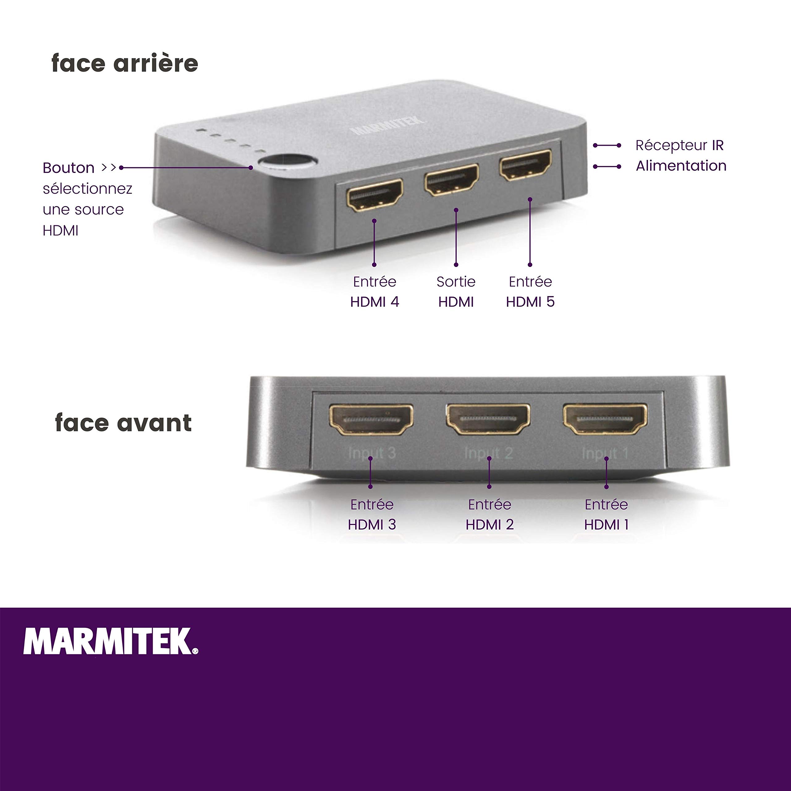 Marmitek Connect 350 UHD 2.0 - Switch HDMI 4K60 5 entrées 1 Sortie HDR