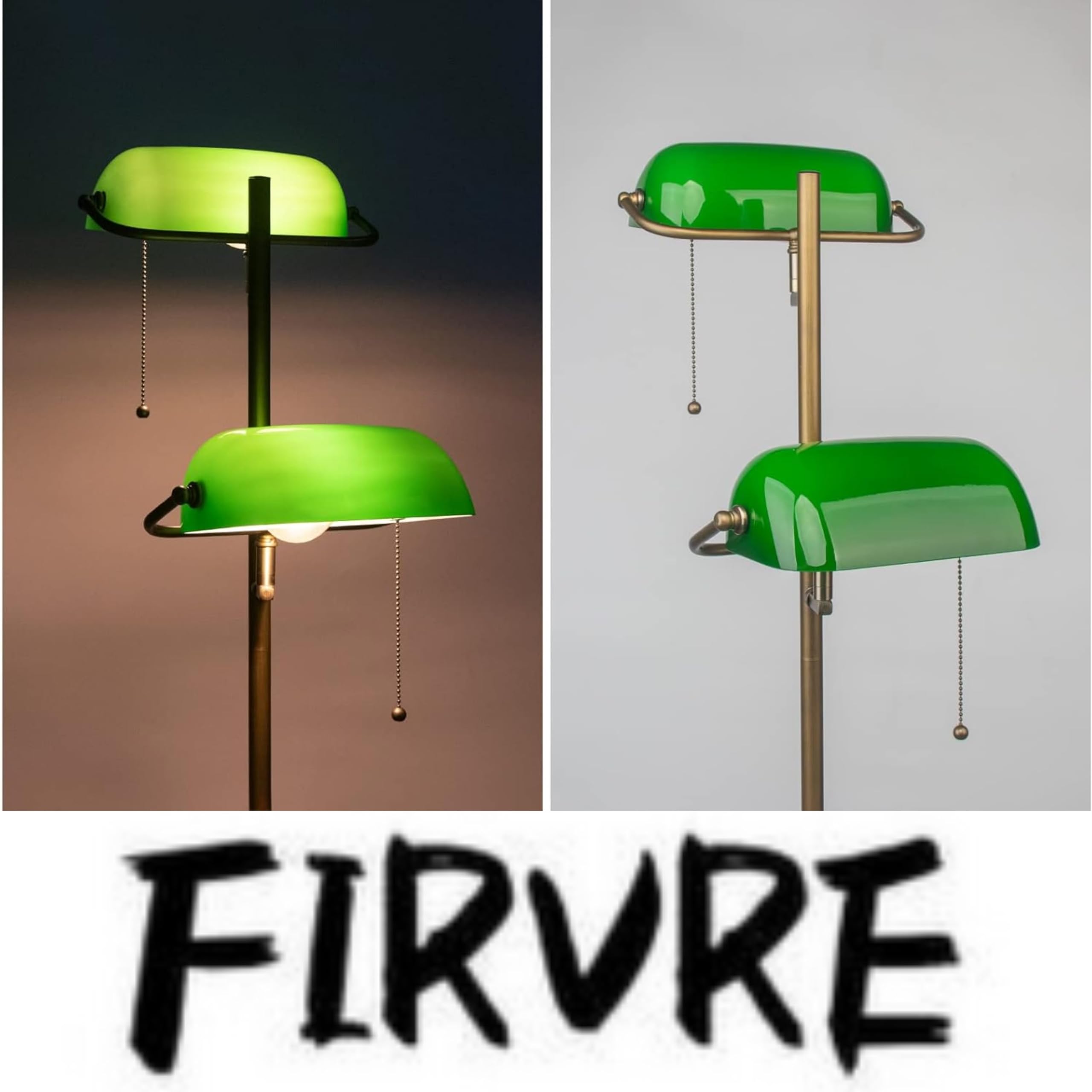 FIRVRE Stehlampe Schmal Vintage, Stehleuchte Gold mit Grüner Glaslampenschirm, Stehlampe Ecke mit Reißverschlussschalter für Wohnzimmer Büro Schlafzimmer