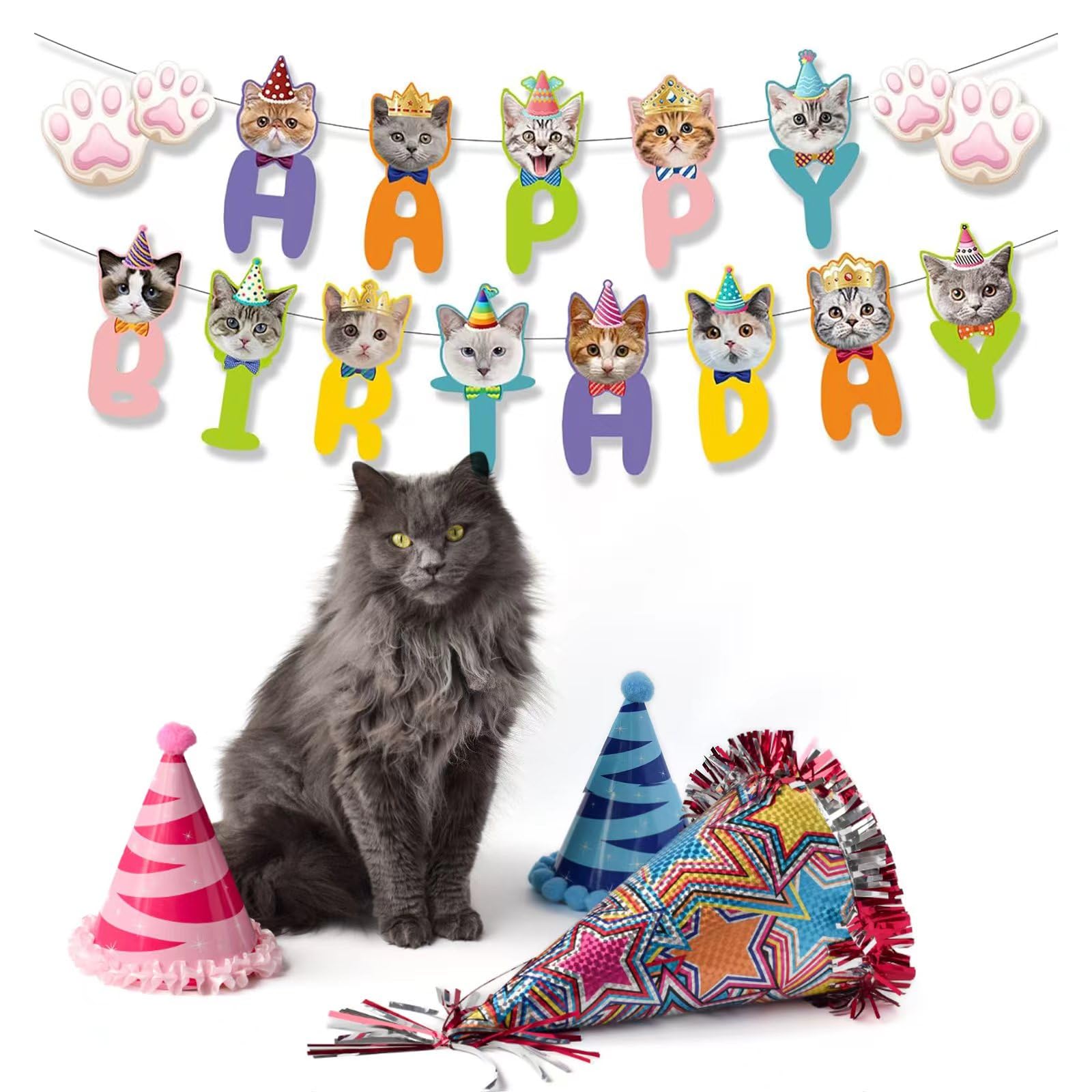 Cat Birthday Banner - Cute Cat Face & Paw Print Decor For Kids, Adults & Pet Parties