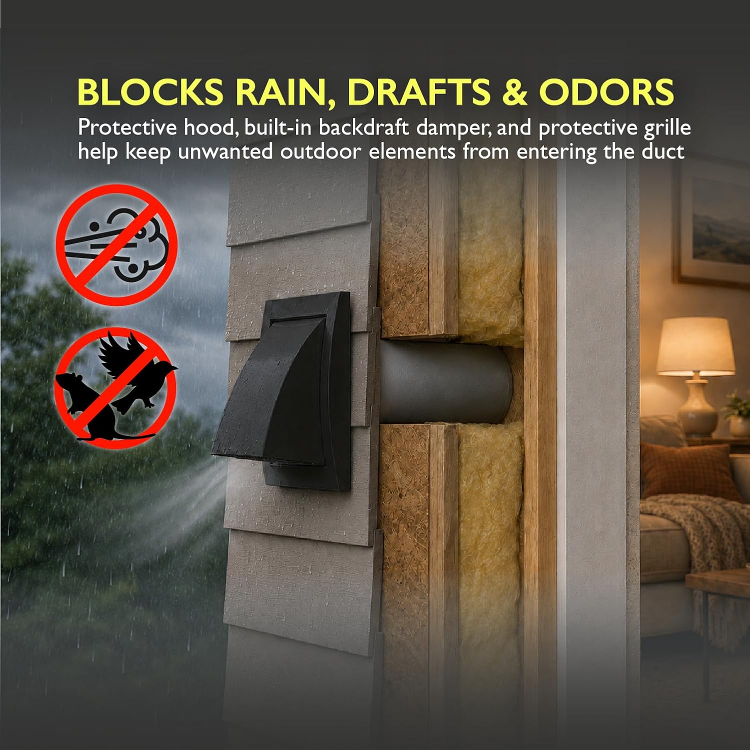 6 Inch Dryer Vent Cover Outside – Black Plastic Vent Cover with Rain Hood, Built-In Dryer Vent Damper and Protection Grid – UV Resistant Exterior Wall Vent Cover for Outdoor Exhaust Ducts